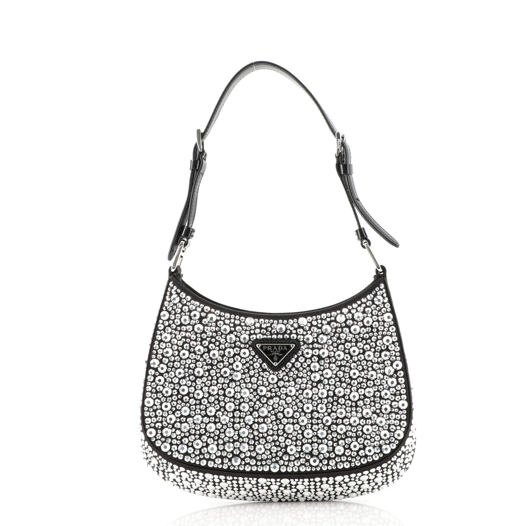 Prada Cleo Shoulder Bag Crystal Embellished Satin Small Black 15884142