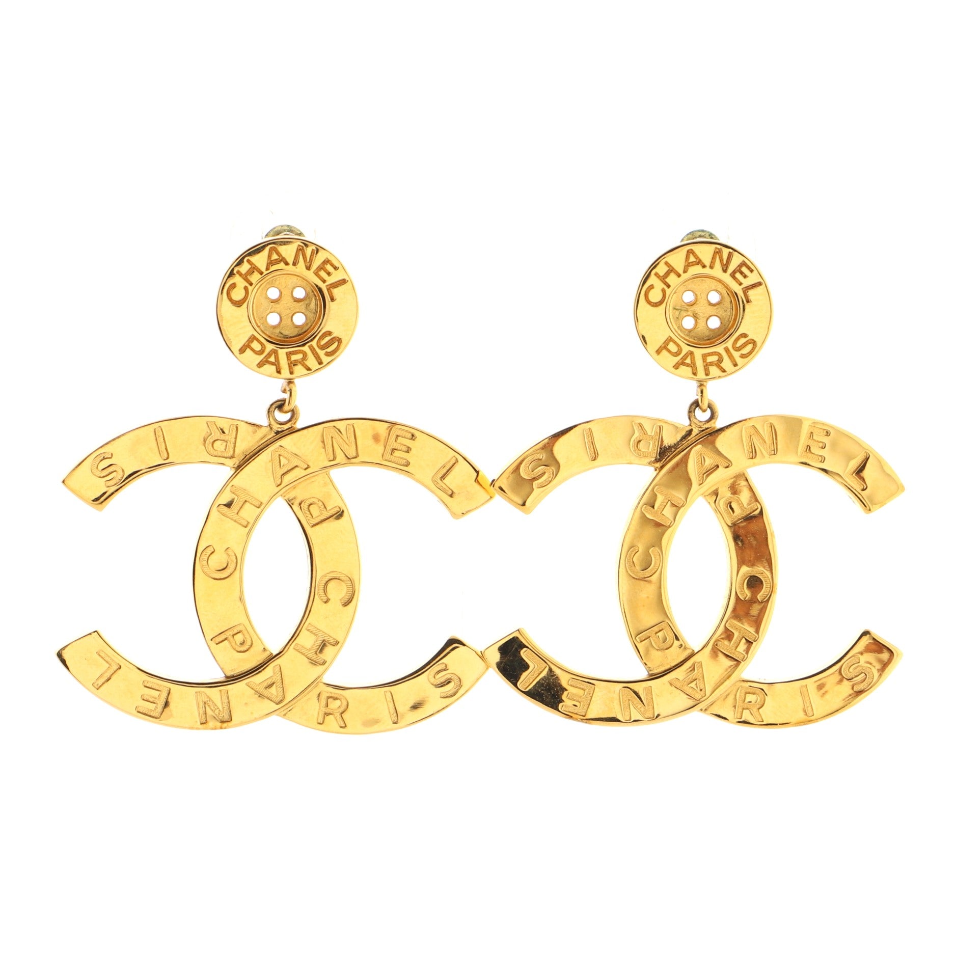 CHANEL Metal Large Paris Button Earrings Gold 935322