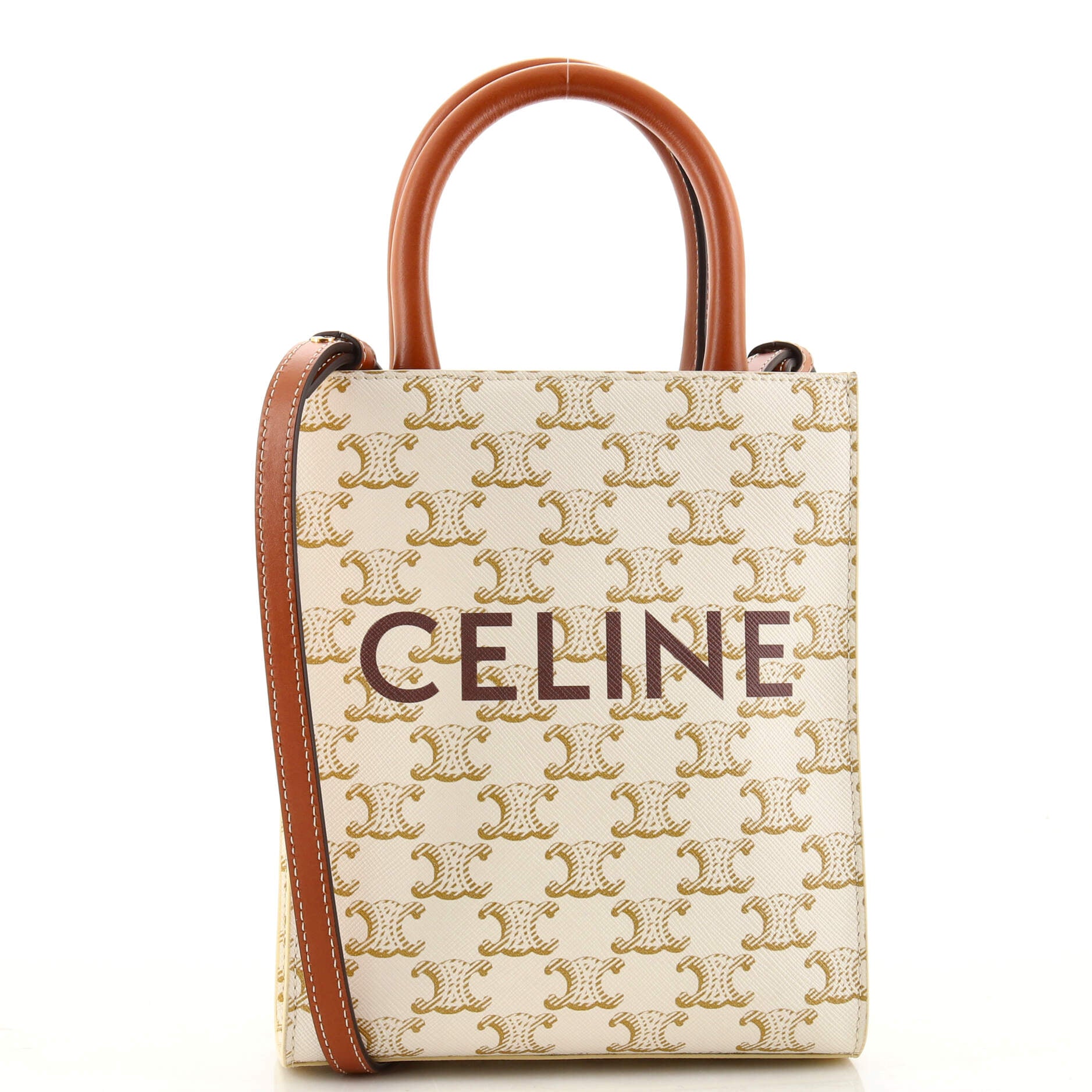 Celine Canvas Calfskin Triomphe Boston Bag Tan