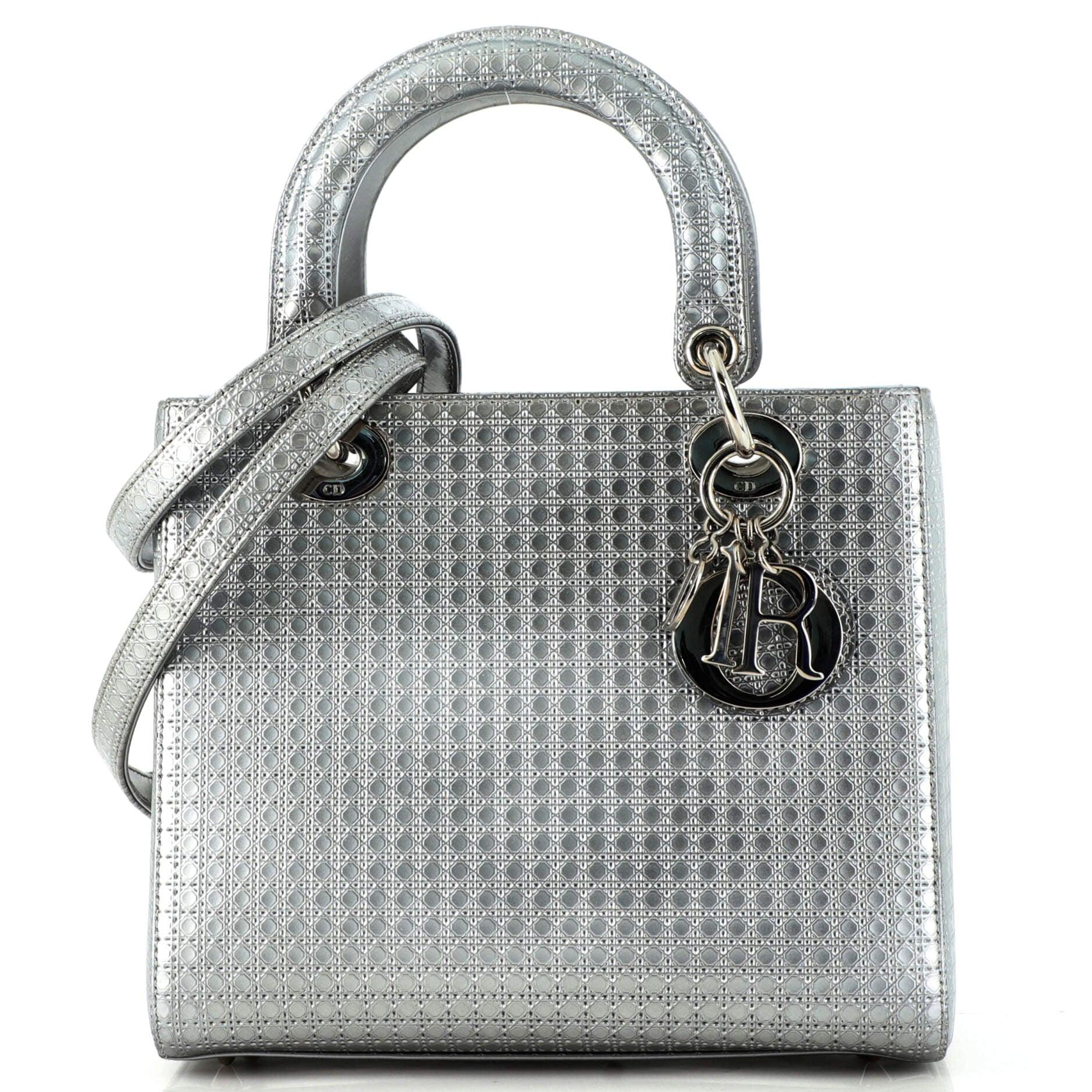 Christian Dior Silver Metallic Leather Micro Cannage Medium Diorama Bag