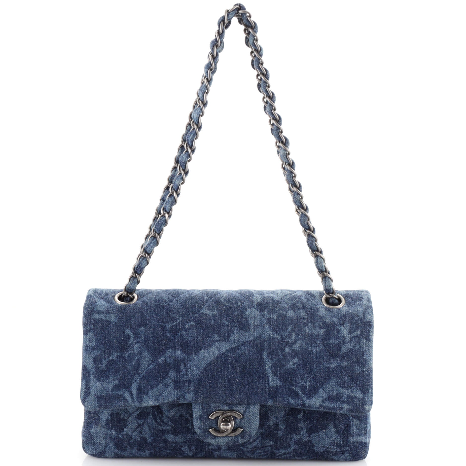CHANEL Camellia Classic Double Flap Bag Quilted Printed Denim Medium