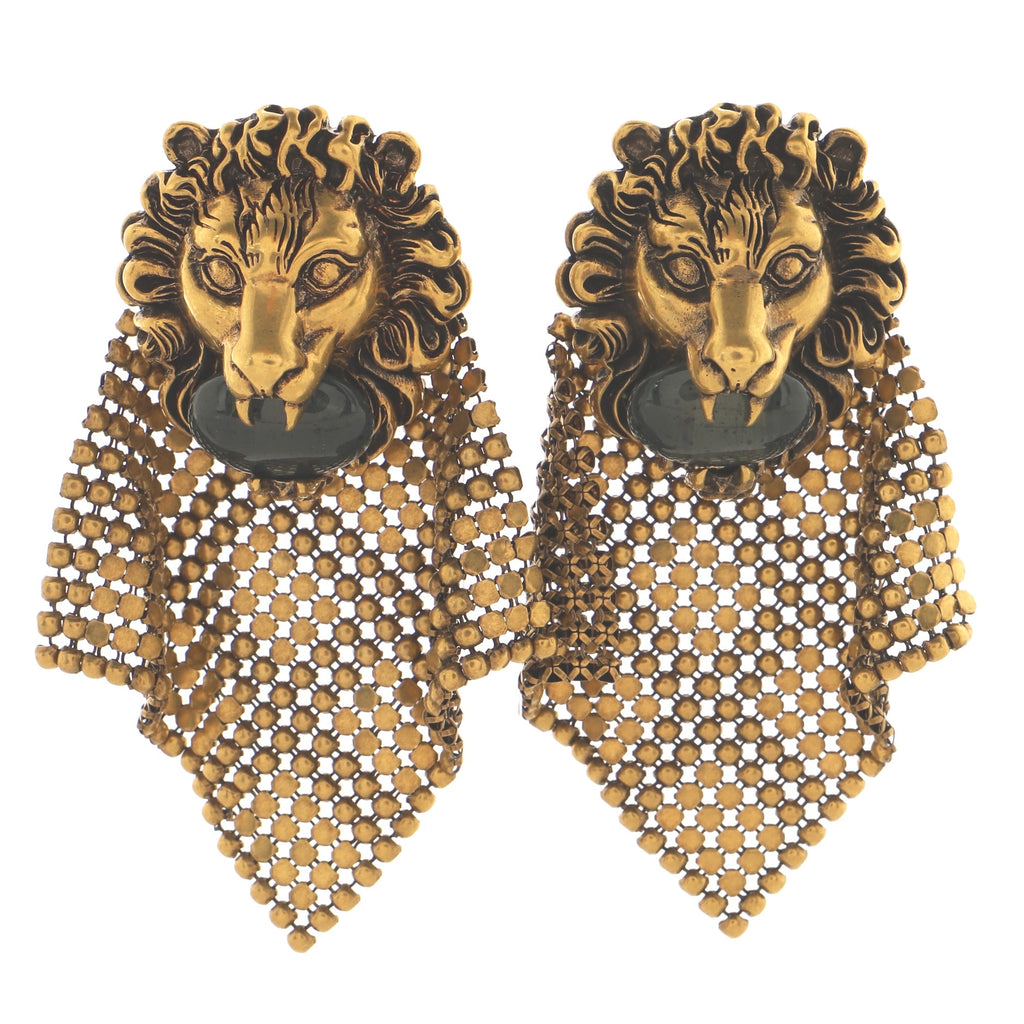 Gucci Lion Head Mesh Earrings Metal with Stone Gold 1622244