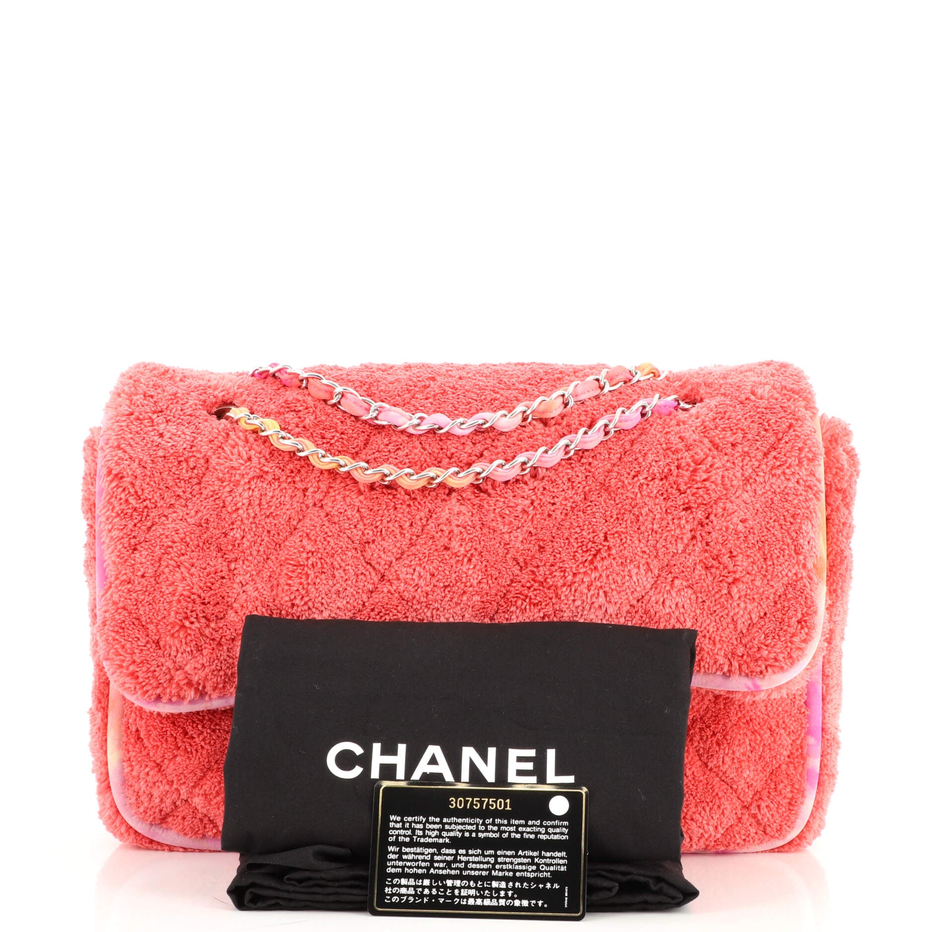 Chanel Classic Single Flap Jumbo Pink Quilted Terry Cloth Silver