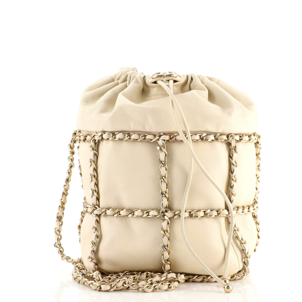 Chanel Chain Frame CC Drawstring Bucket Bag Lambskin Mini Neutral 163115339