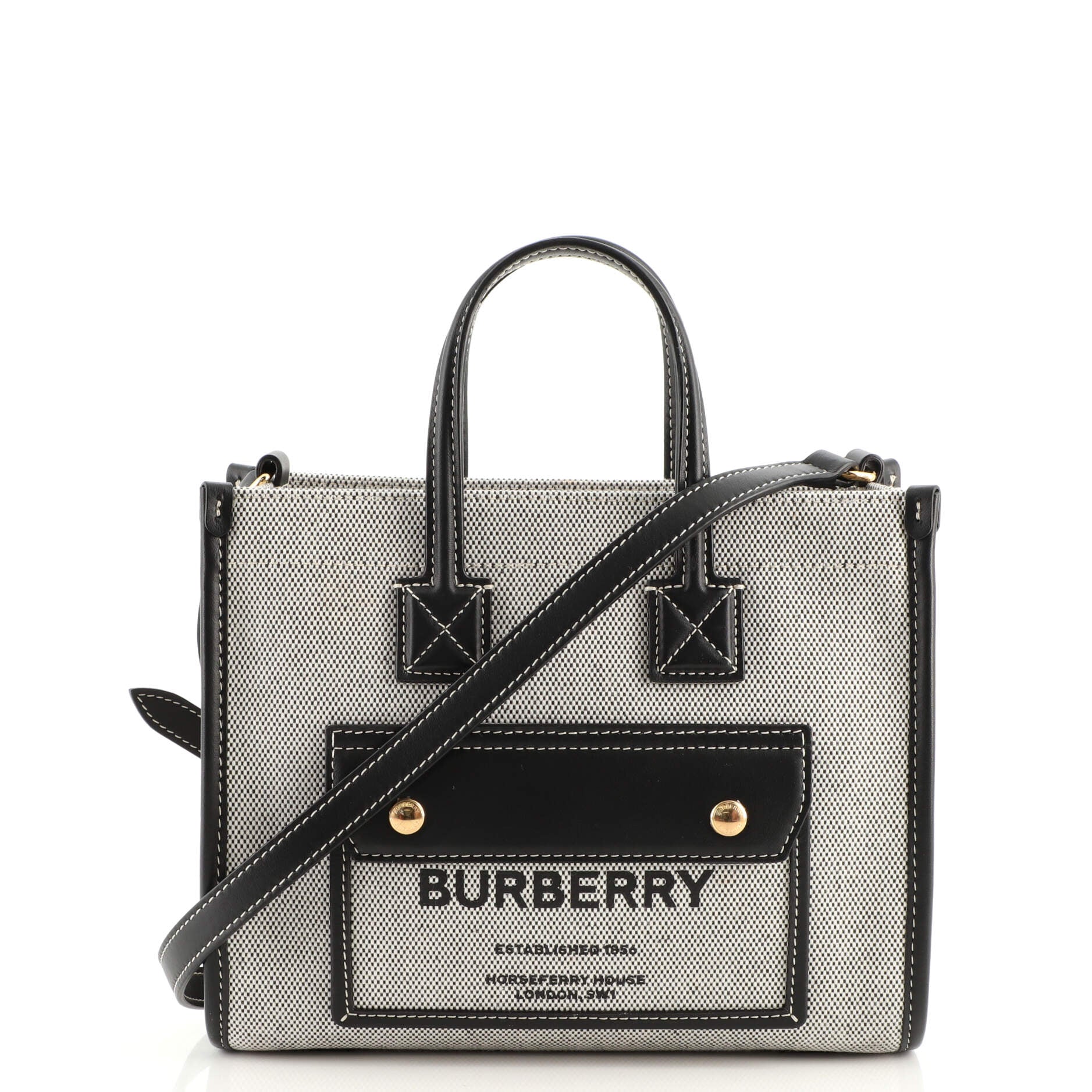 White Mini canvas and leather bucket bag, Burberry