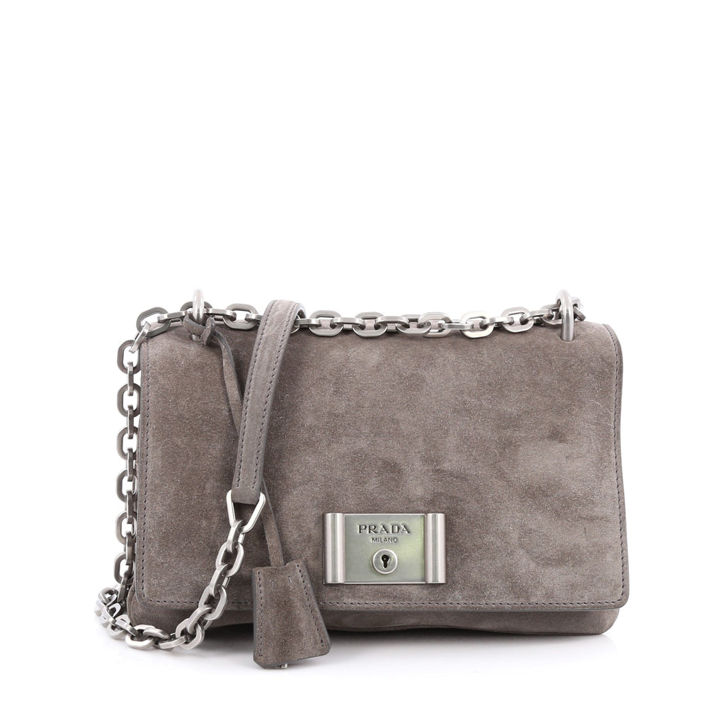 Buy Prada Chain Flap Shoulder Bag Suede Medium Gray 1753002 – Rebag