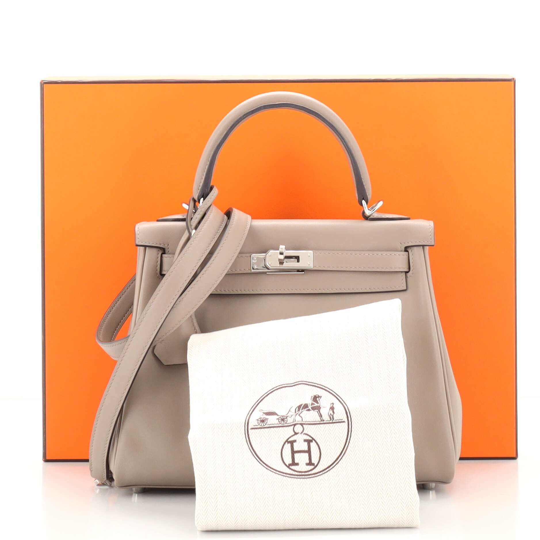 HERMES Gris Tourterelle grey Clemence leather and Palladium KELLY 35  Retourne Bag