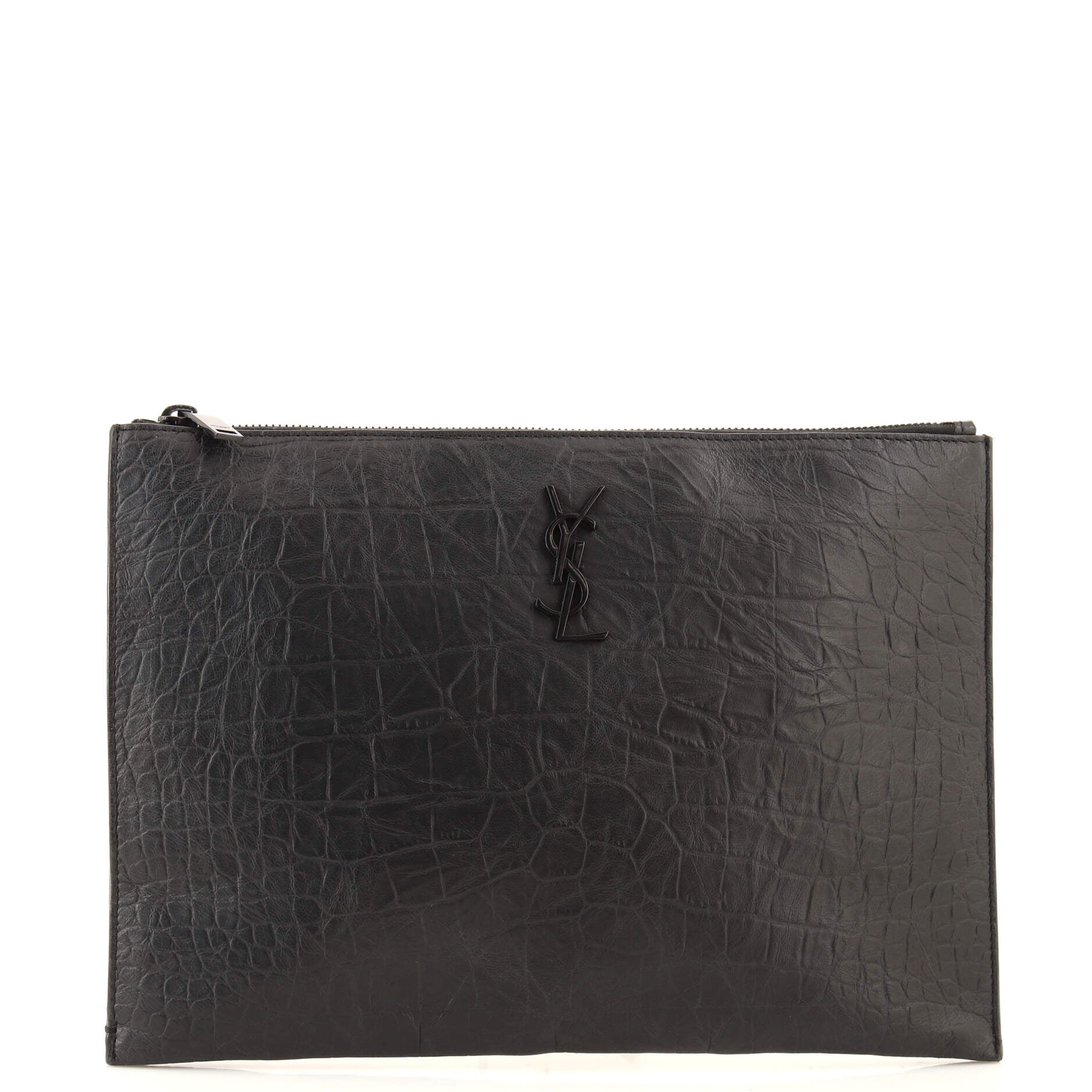 Saint Laurent Classic Monogram Zip Pouch Crocodile Embossed Leather Medium