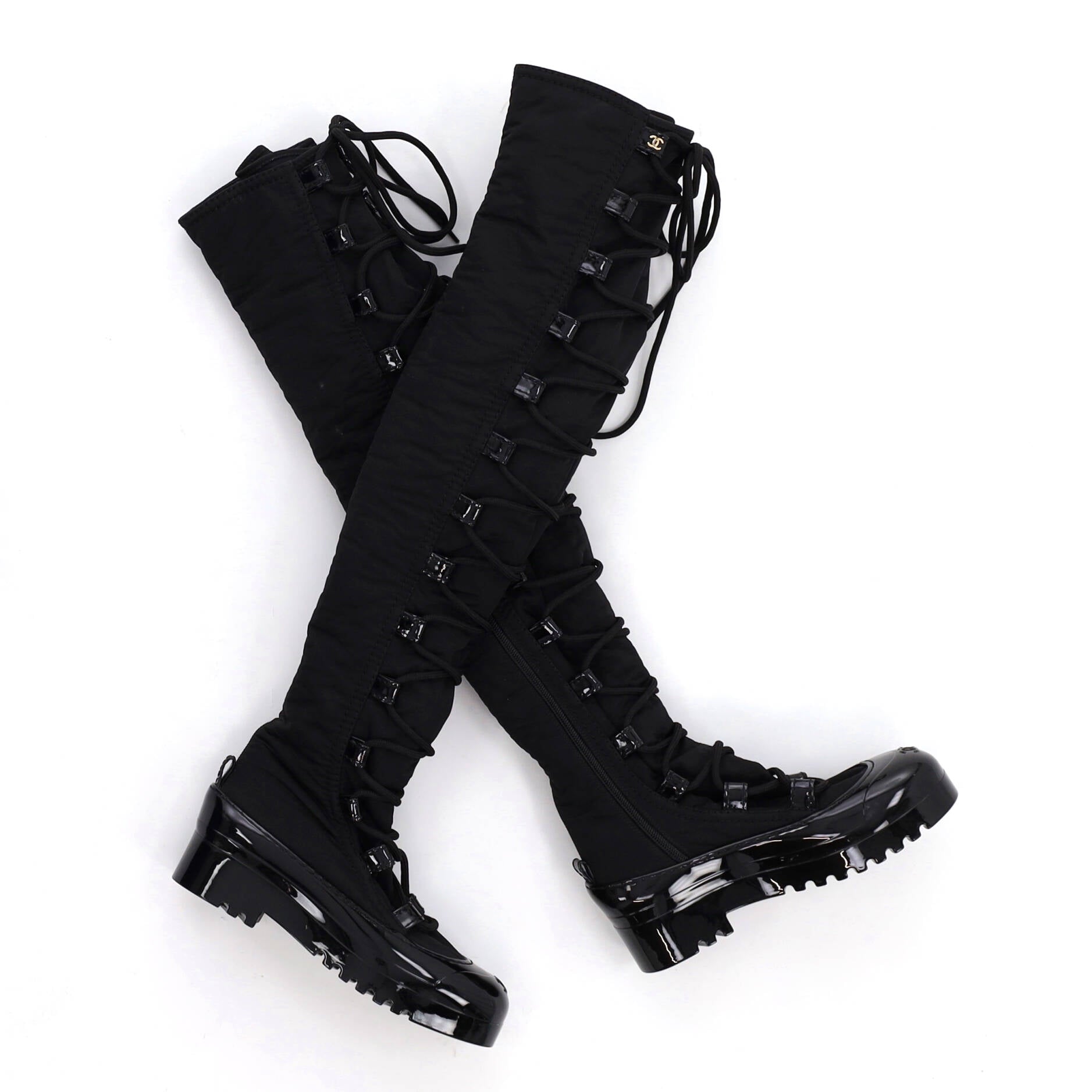 CHANEL Women's Lace Up Thigh High Winter Boots Nylon and Rubber