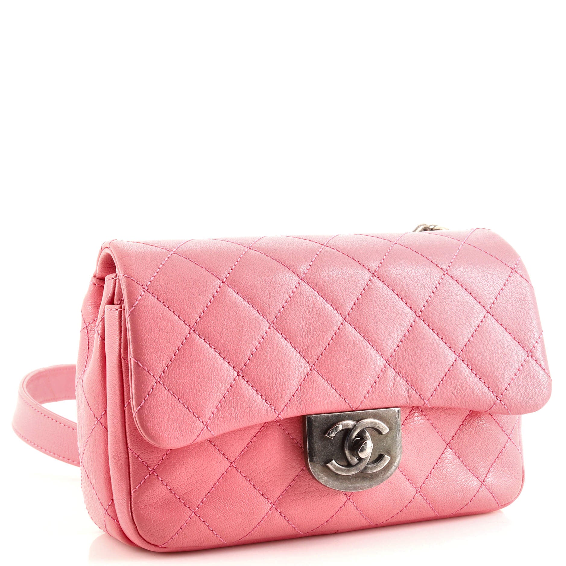 CHANEL Shiny Goatskin Quilted Small Double Carry Waist Chain Flap Pink  867334