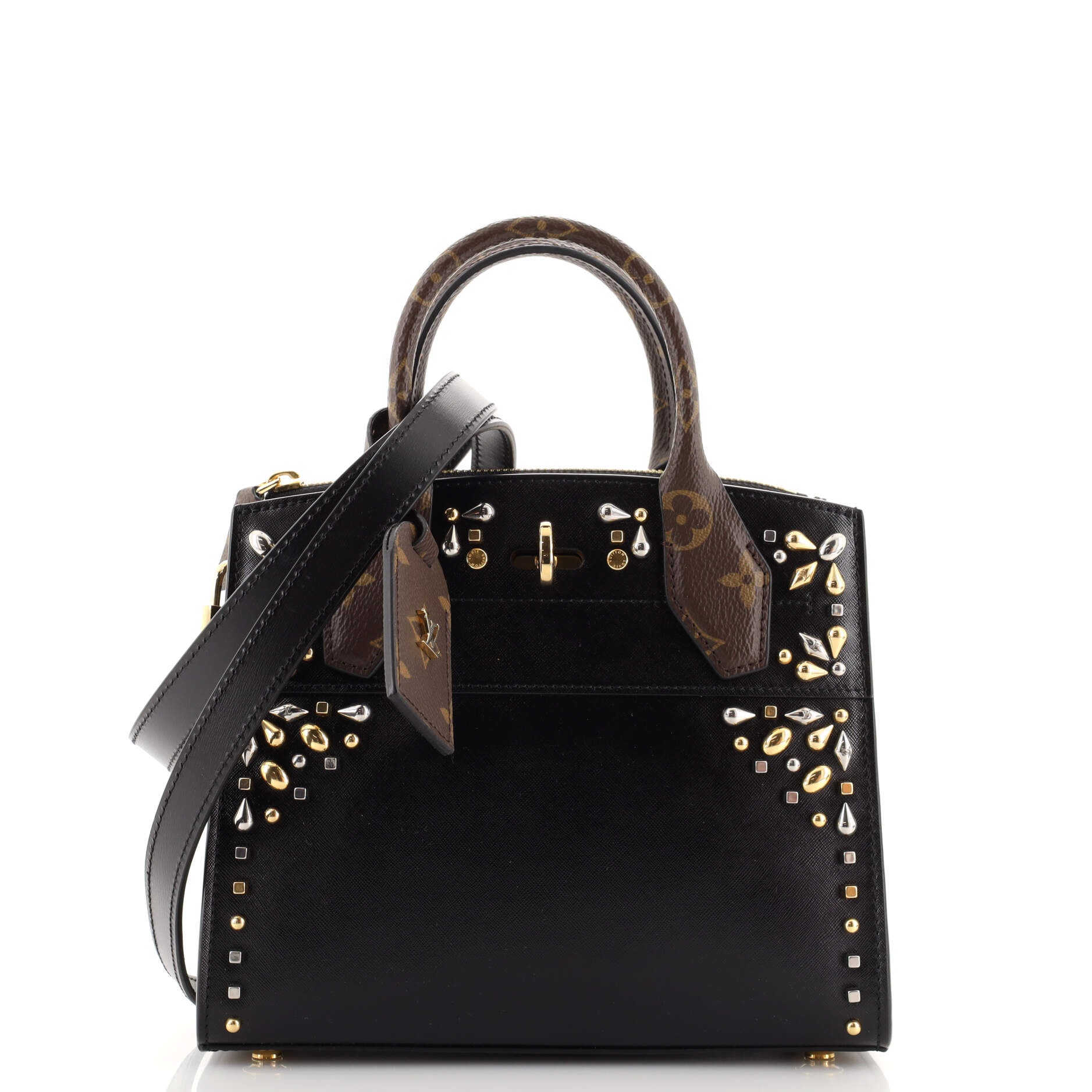 Louis Vuitton City Steamer Handbag Studded Leather and Monogram