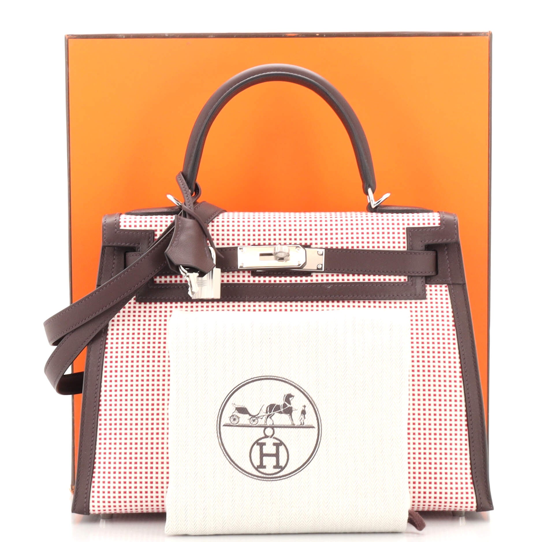 Hermes Beige Rouge H Toile H Box Calf Kelly 28 Sellier 2way