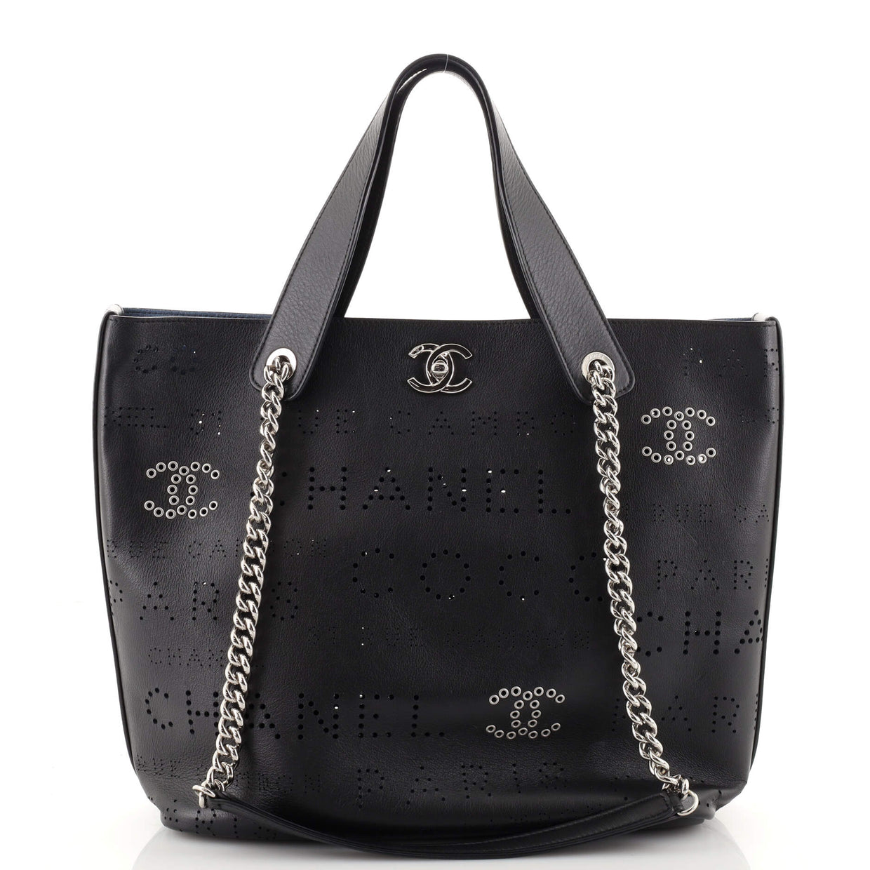 Chanel Logo Eyelets Shopping Tote Perforated Calfskin Small Black 18528530