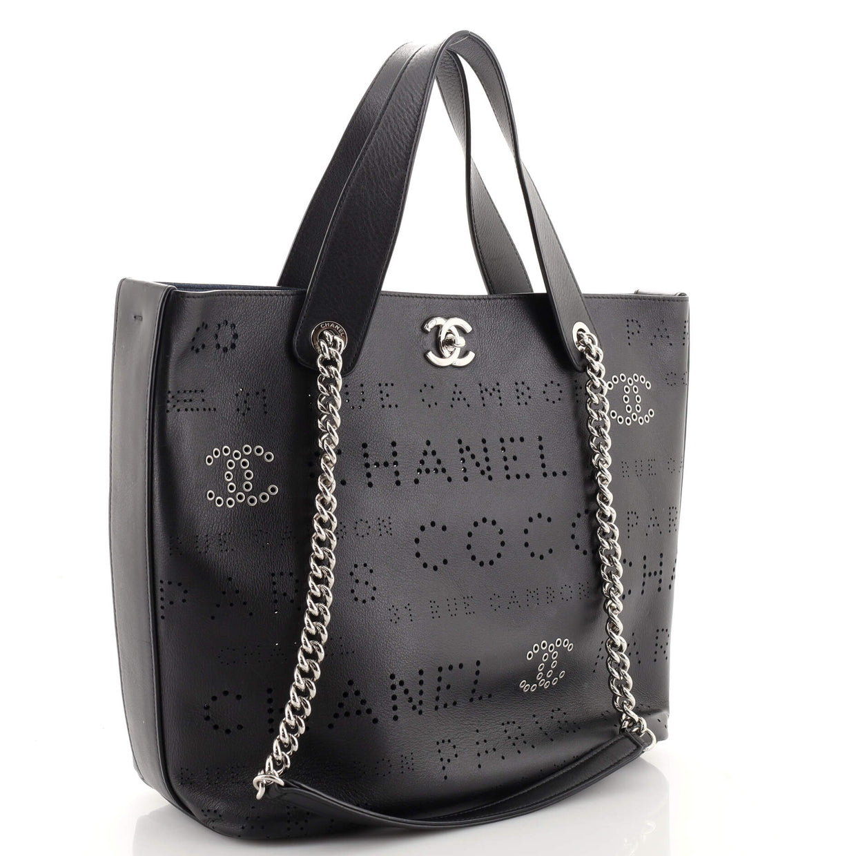 Chanel Logo Eyelets Shopping Tote Perforated Calfskin Small Black 18528530