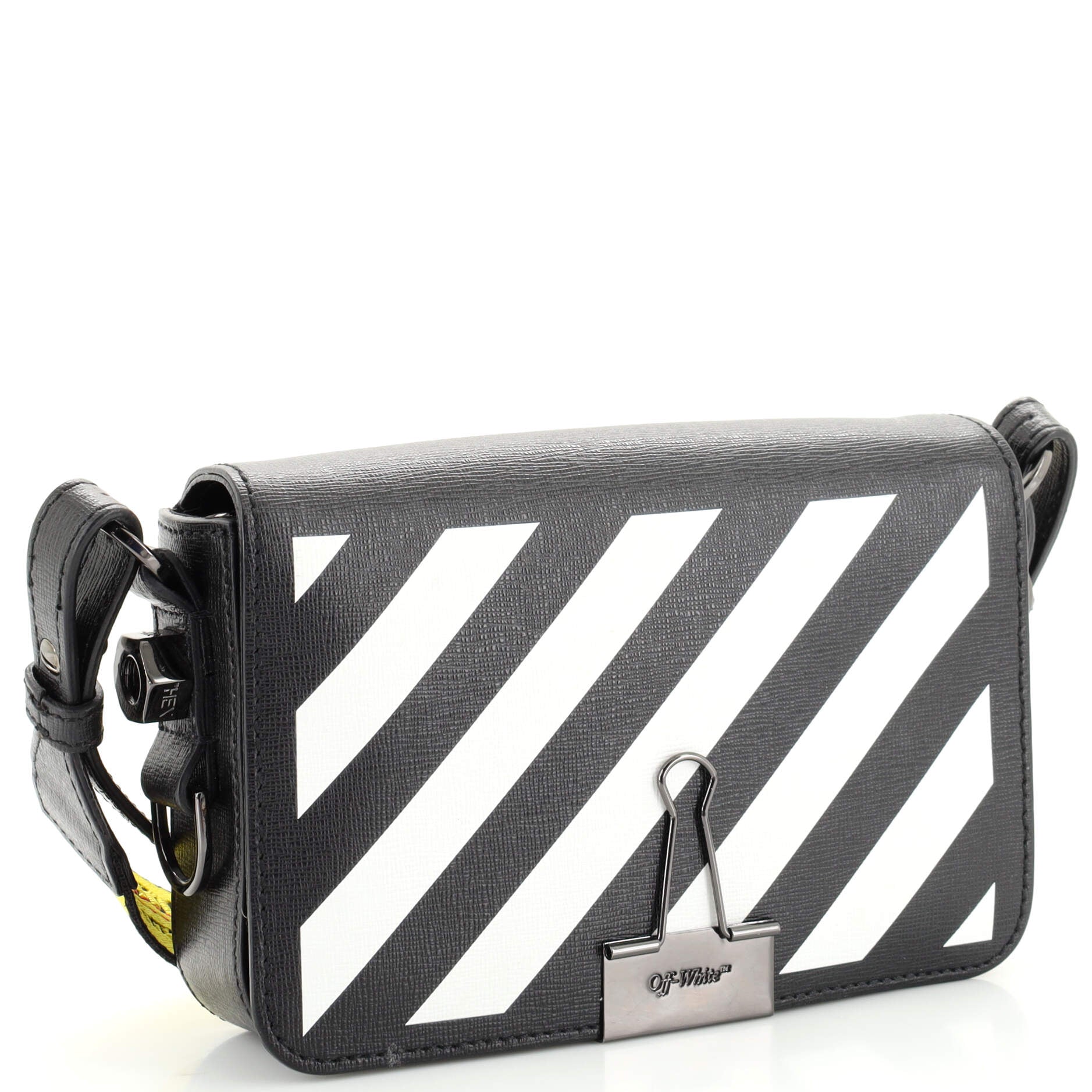 Off White Binder Clip Flap Bag Striped Leather Mini Black