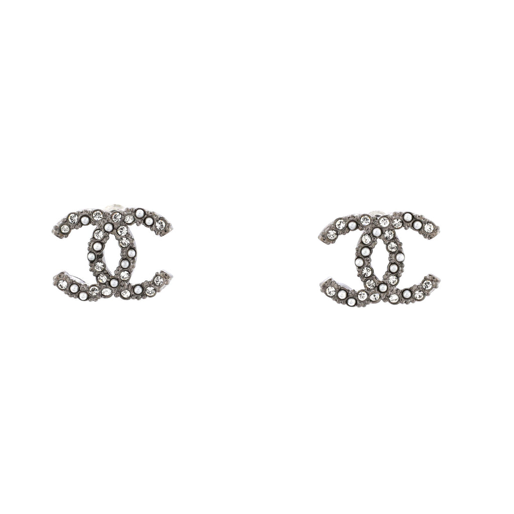 Chanel CC Logo Stud Earrings Faux Pearls and Metal with Crystal Silver  186399197