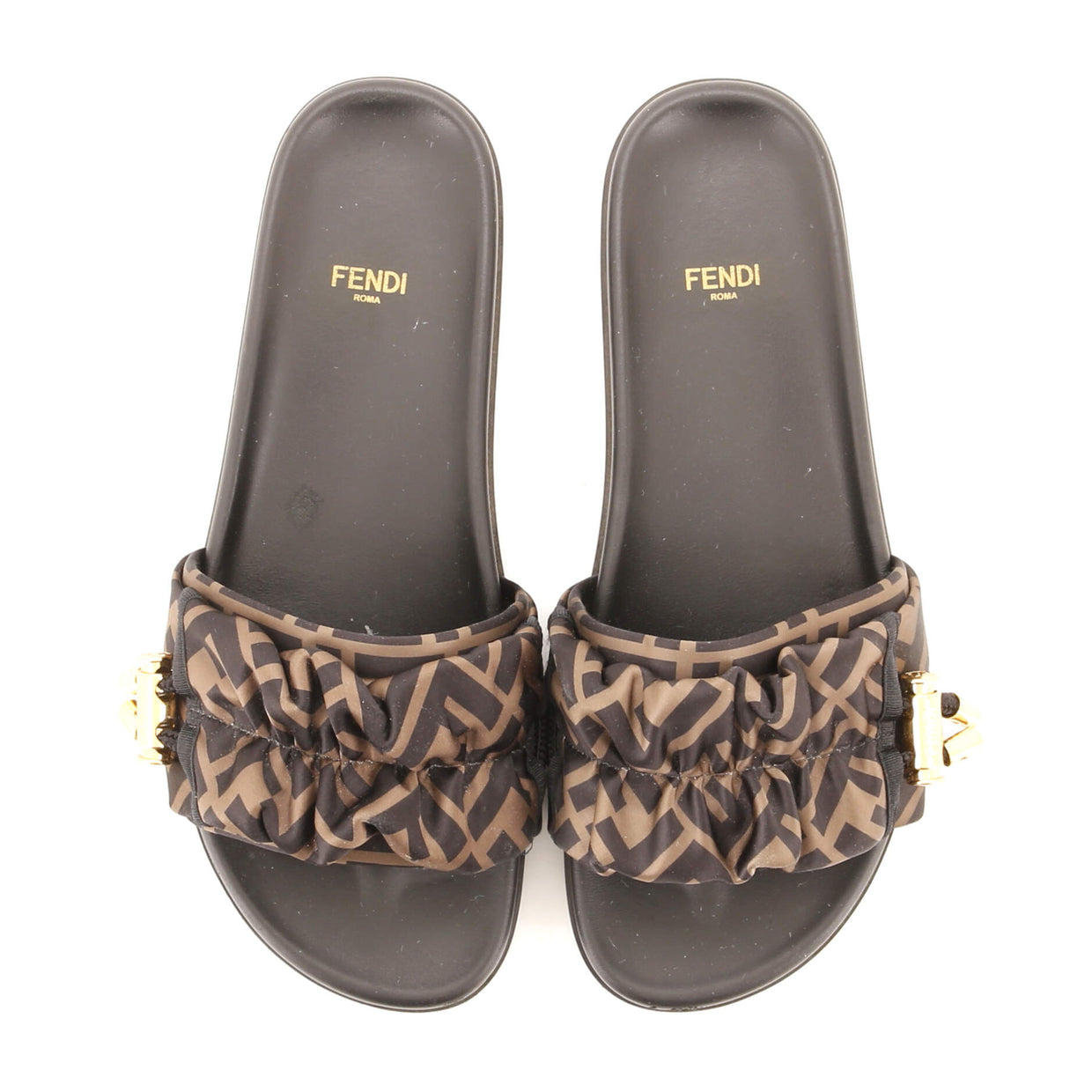 Fendi Women's Fendi Feel Slide Sandals Zucca Satin Brown 1858912