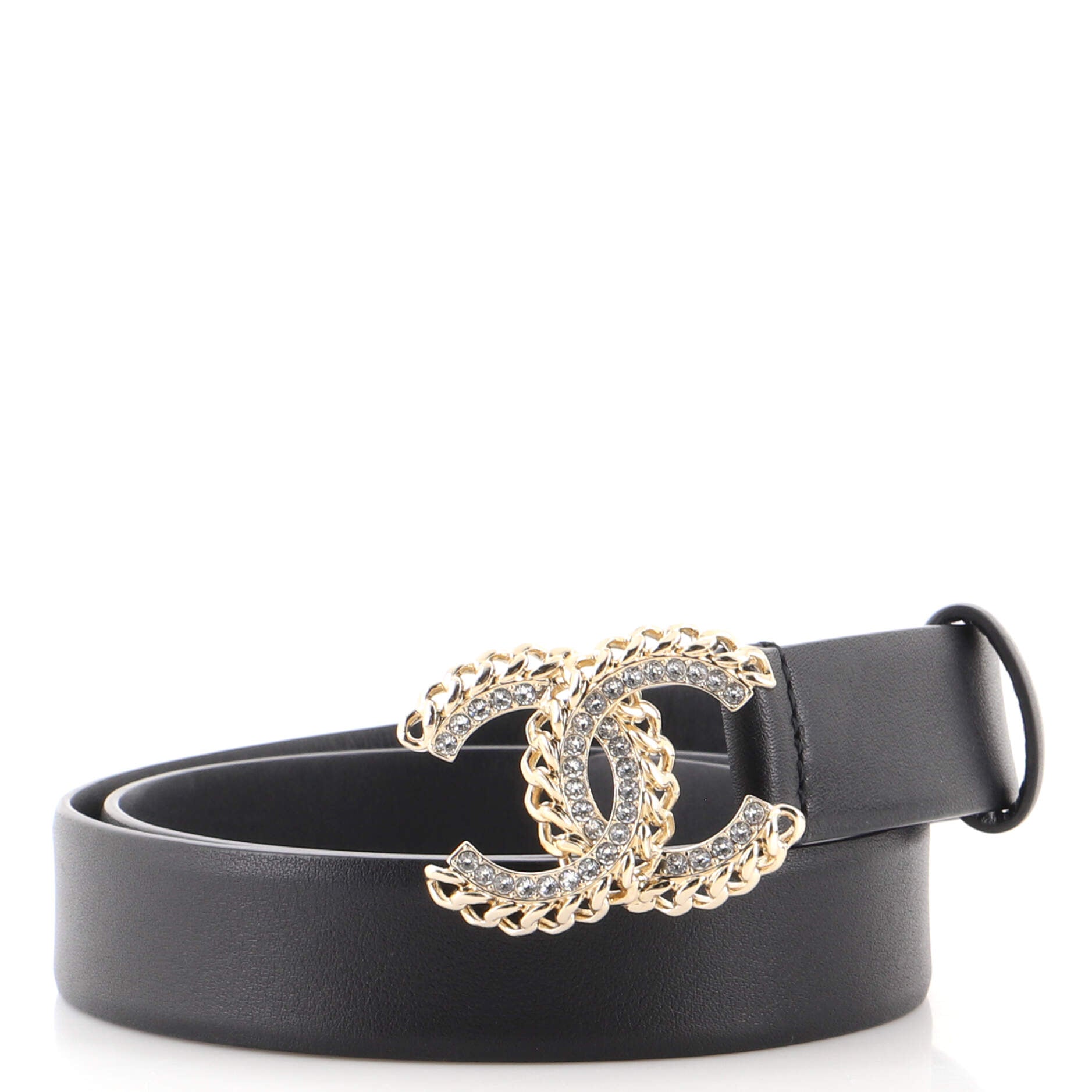 CHANEL Chain CC Buckle Belt Leather with Crystal Embellished Metal