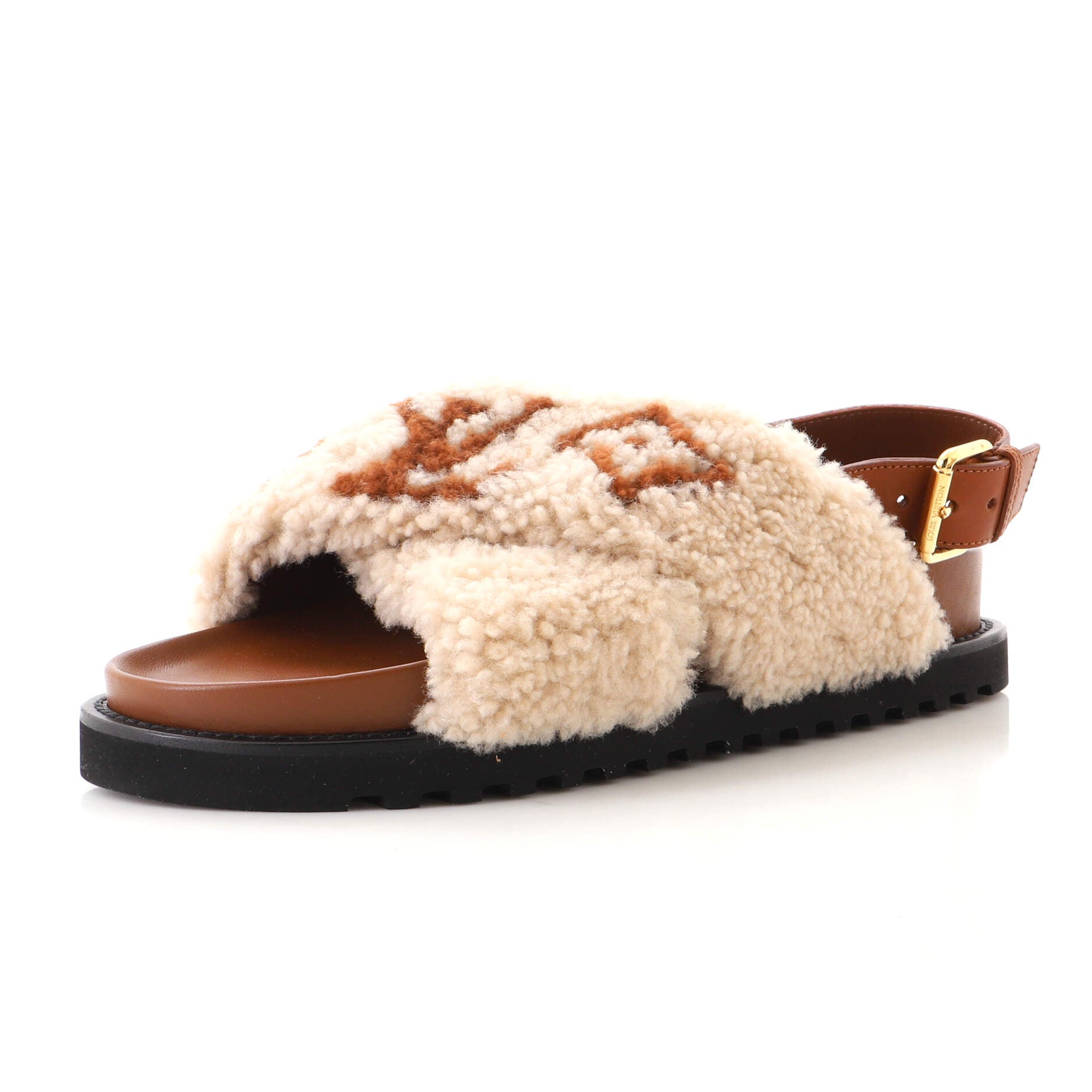 LOUIS VUITTON Shearling Paseo Sandals 39 Black 1085623