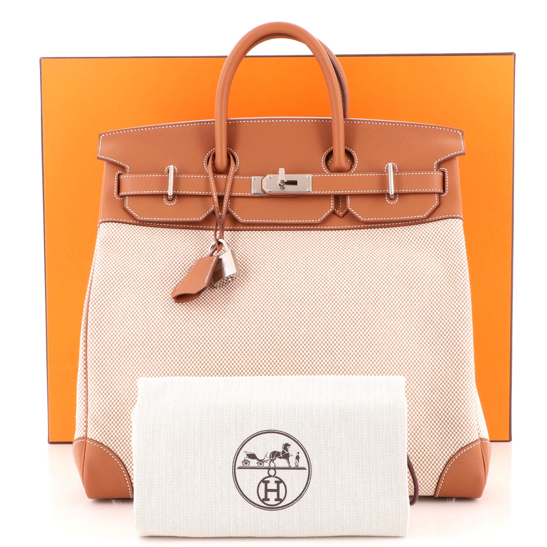 Hermes HAC Birkin Bag Toile and Brown Evercolor with Palladium