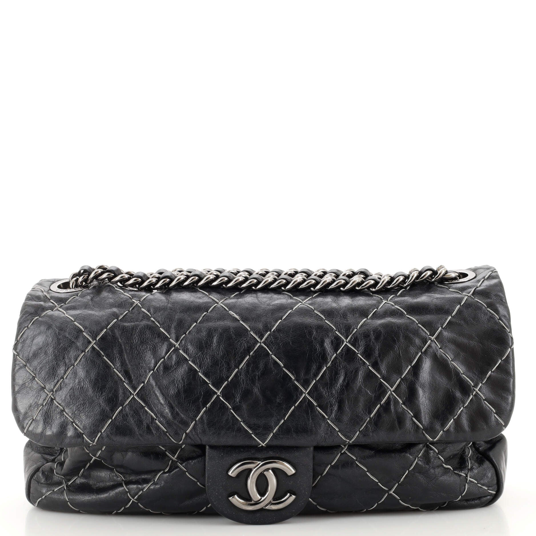 CHANEL Double Stitch Flap Bag Quilted Glazed Calfskin Medium