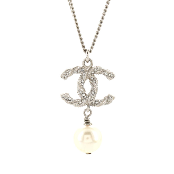 Chanel CC Pendant Necklace Metal with Crystals Faux Pearl Silver 191417194