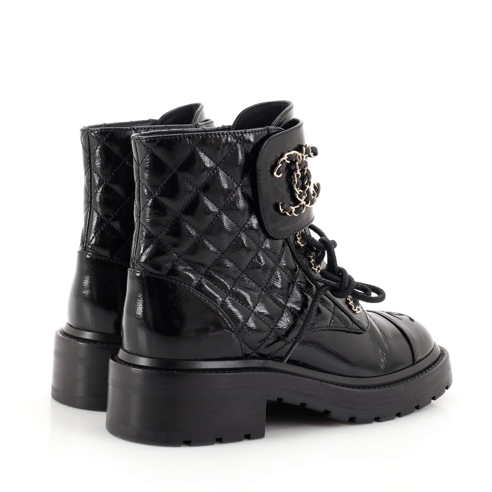 CHANEL Women's Chain CC Cap Toe Lace Up Combat Boots Quilted Shiny