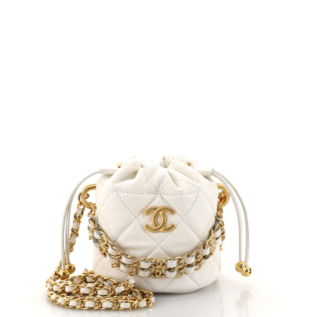 Chanel Bucket Clutch with Chain Quilted Caviar Mini White 1923701