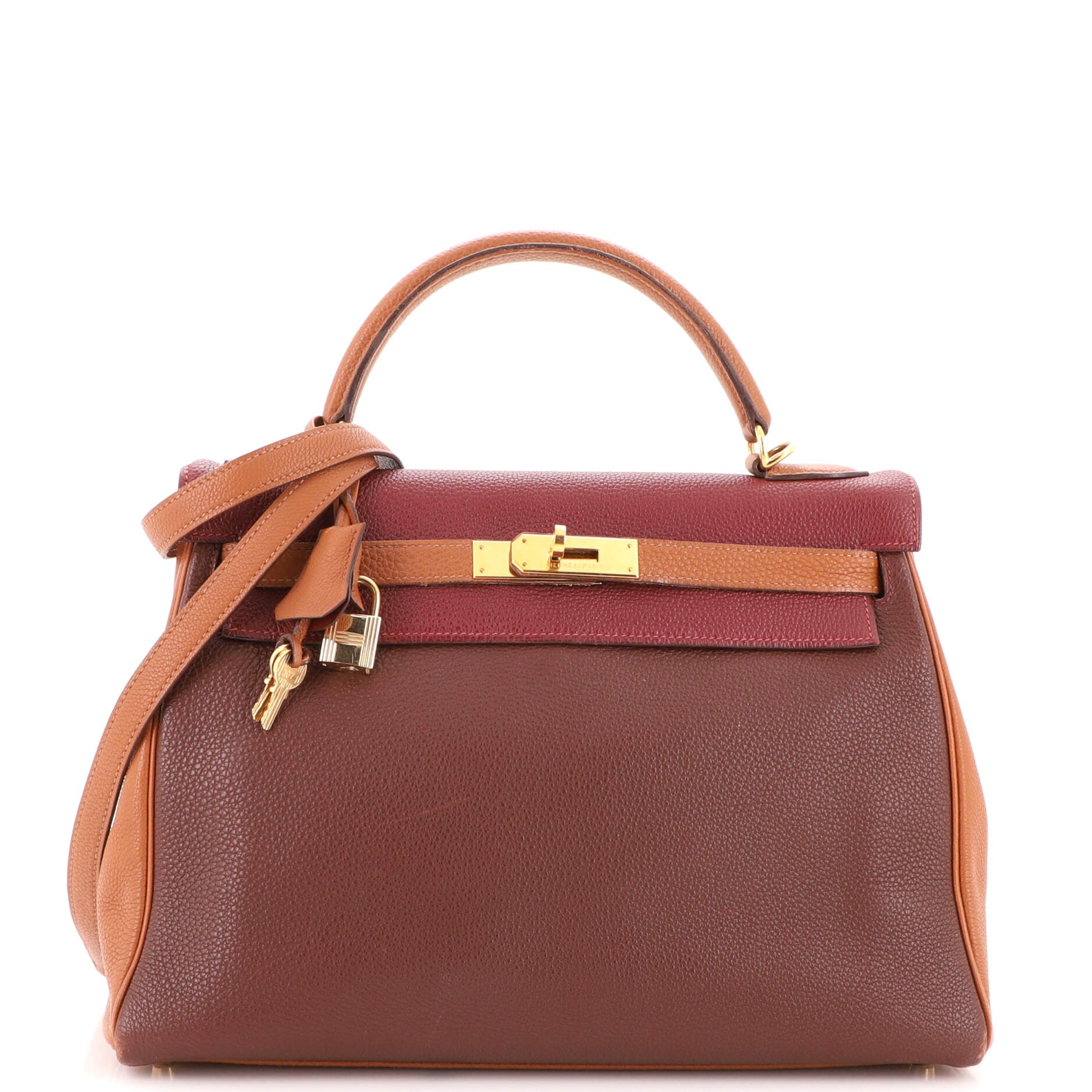 A ROUGE H CALF BOX LEATHER RETOURNE KELLY 32 WITH GOLD HARDWARE