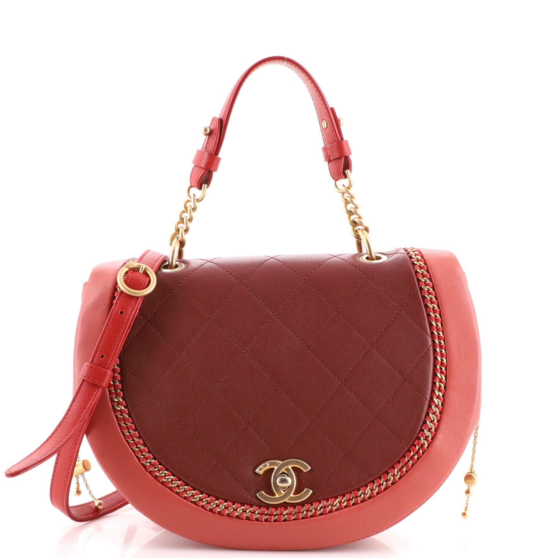 Chanel Crumpled Calfskin Leather Medium Running Chain Around Red Flap Bag