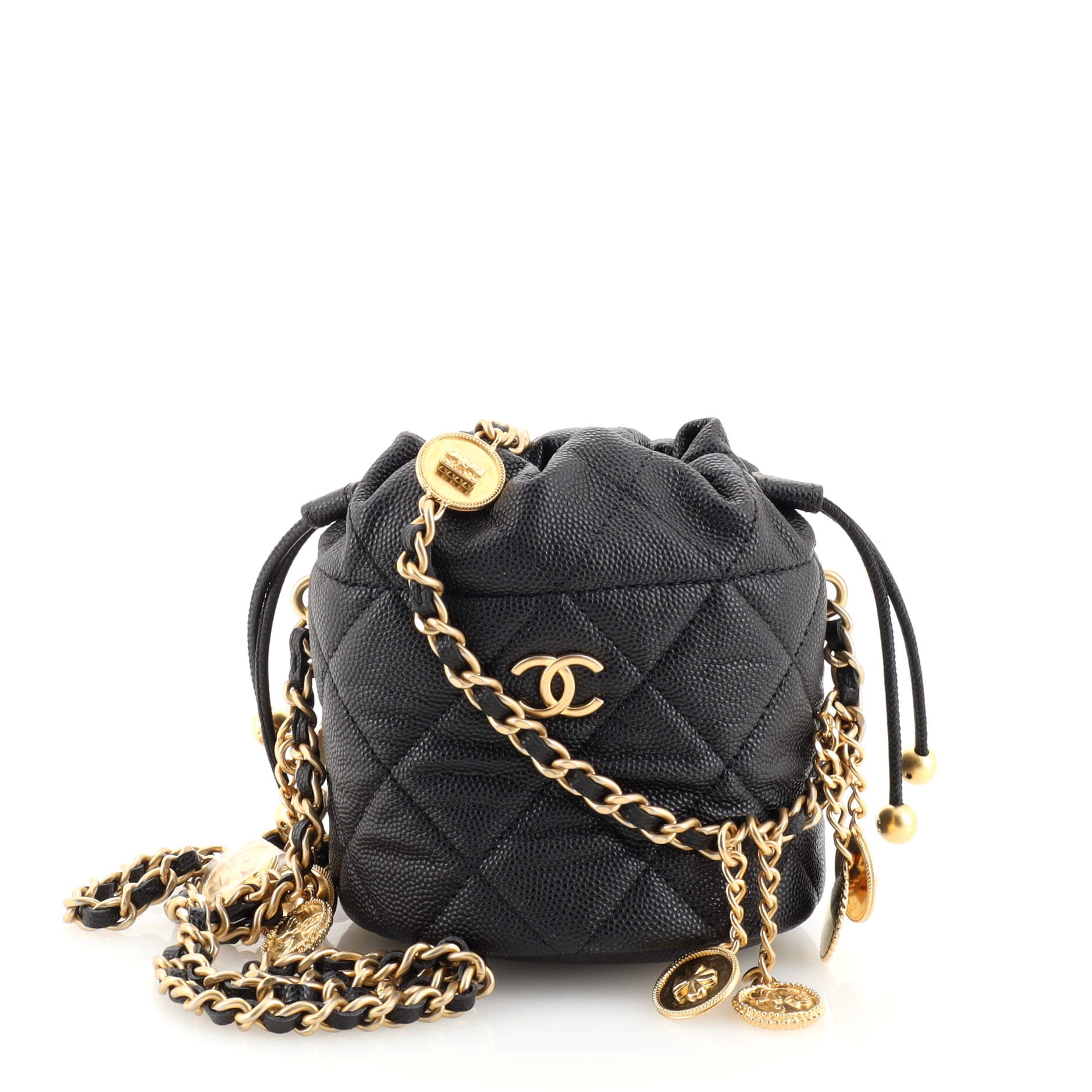 CHANEL Medallion Charms Drawstring Bucket Bag Quilted Caviar Mini