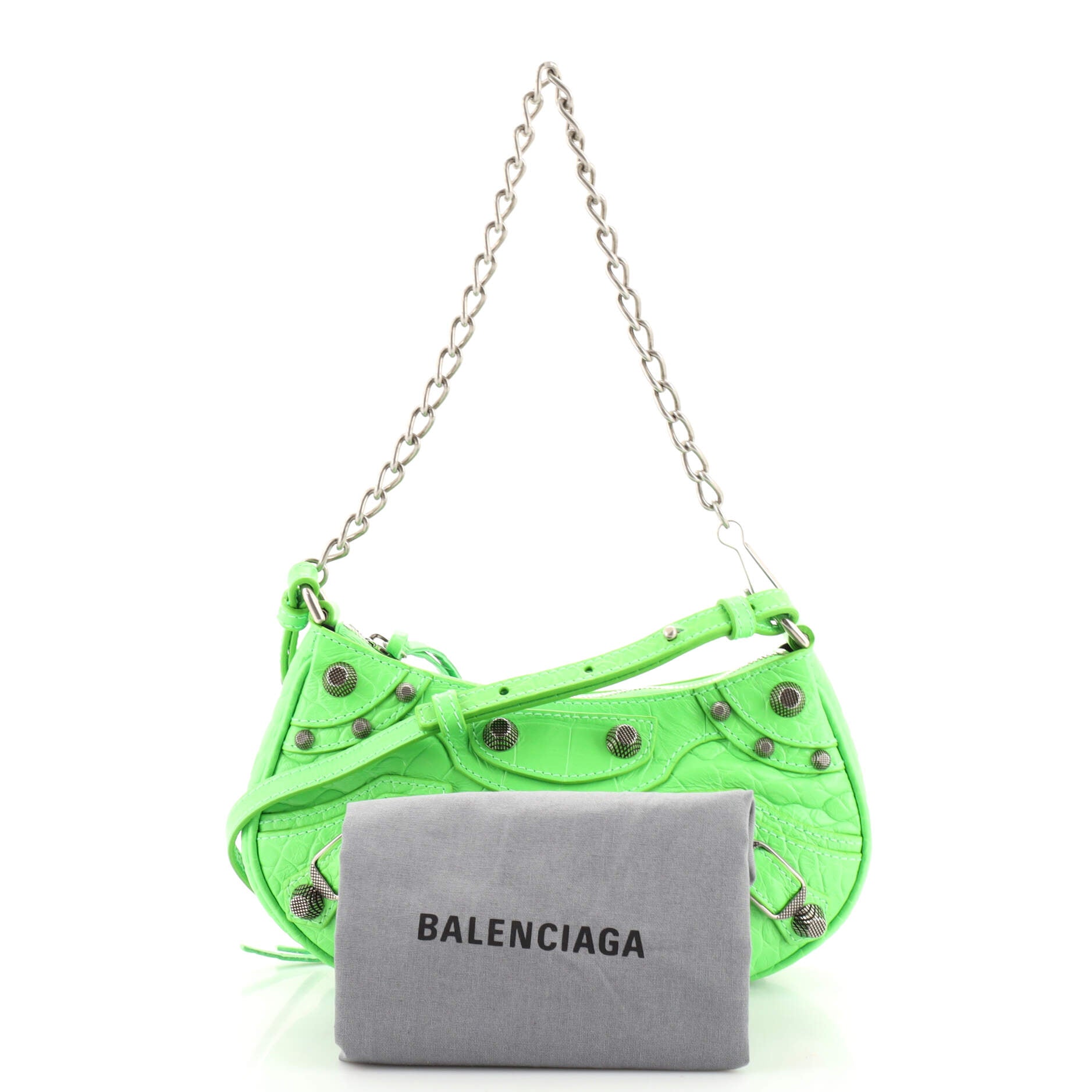 Balenciaga Bright Green Croc Embossed Leather Hourglass Crystal Xs Top Handle Bag