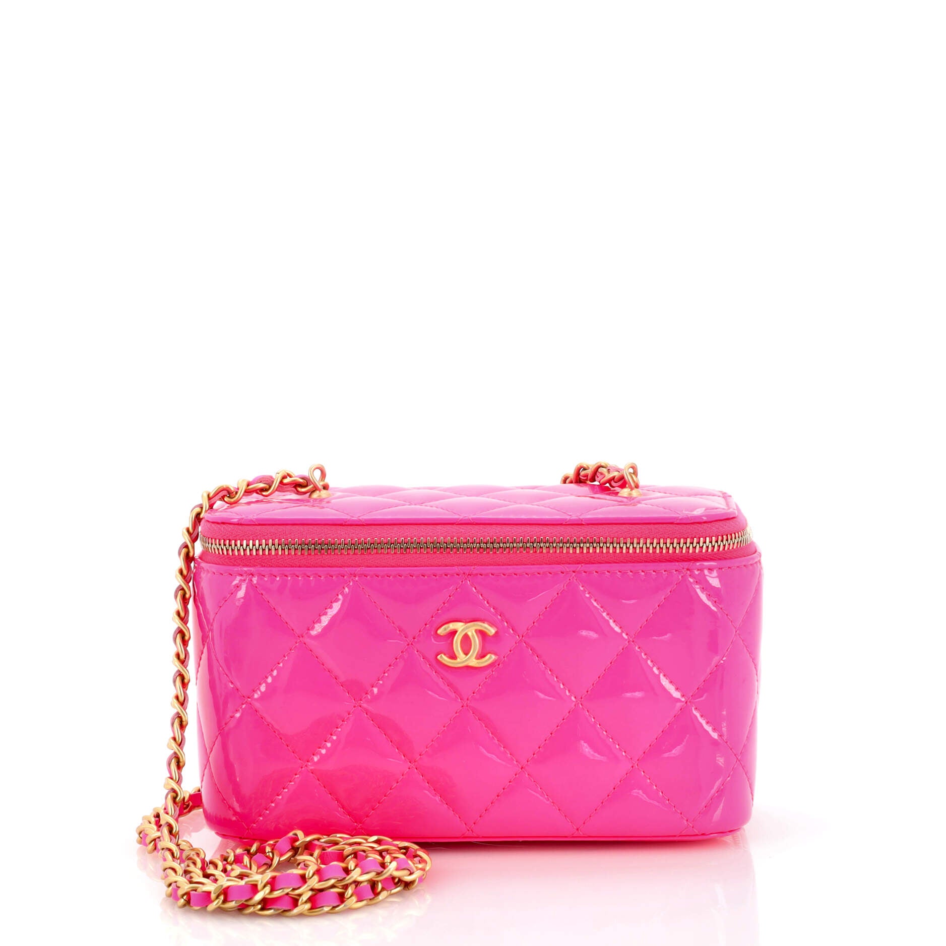 Chanel Peach Quilted Caviar Mini Vanity Case With Chain And Small