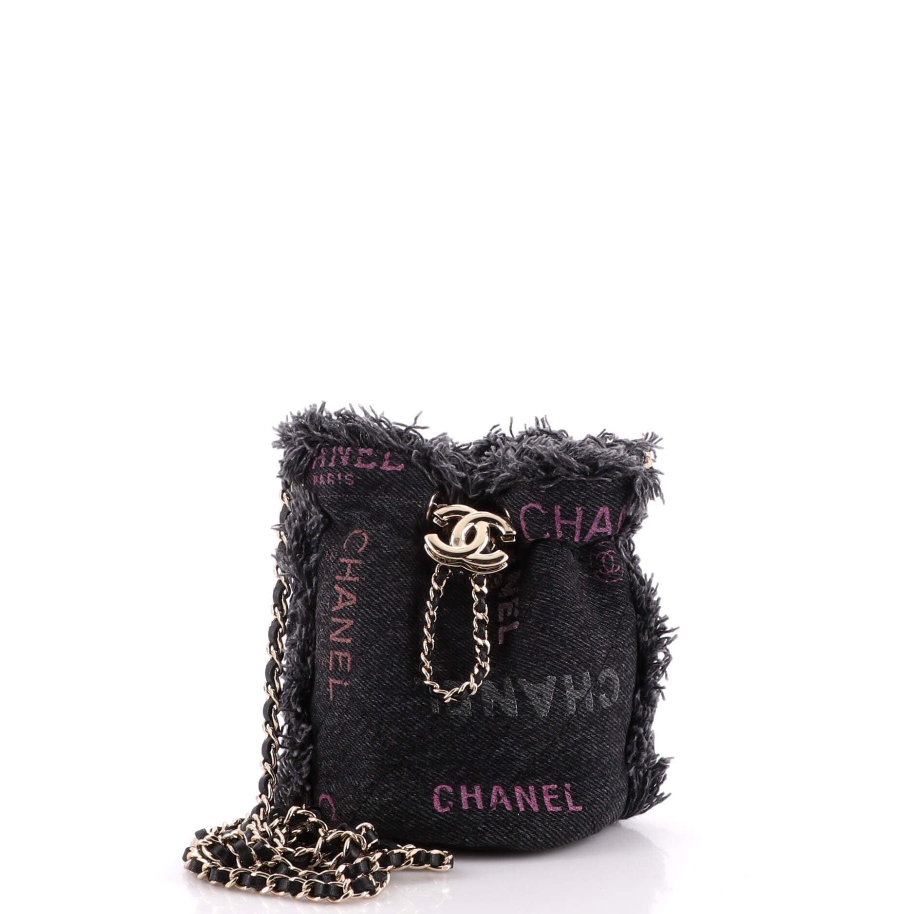 Chanel Denim Mood Chain Bucket Bag Logo Printed Quilted Fringe