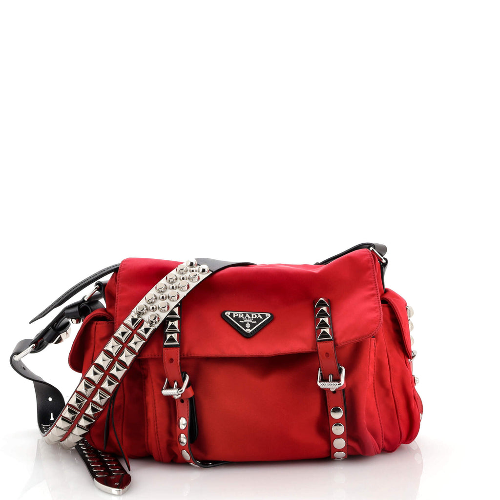 Prada New Vela Flap Messenger Bag Tessuto with Studded Leather Medium Red  2001631