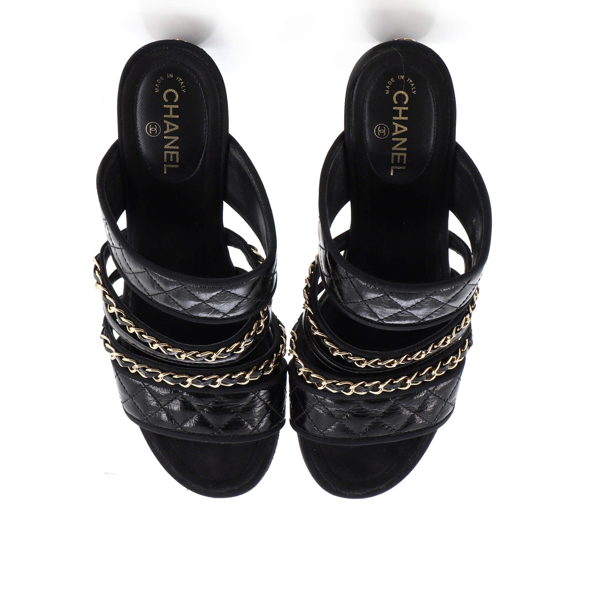 Chanel Silver Metallic Leather Straps Sandals Heels with Gold CC Logo