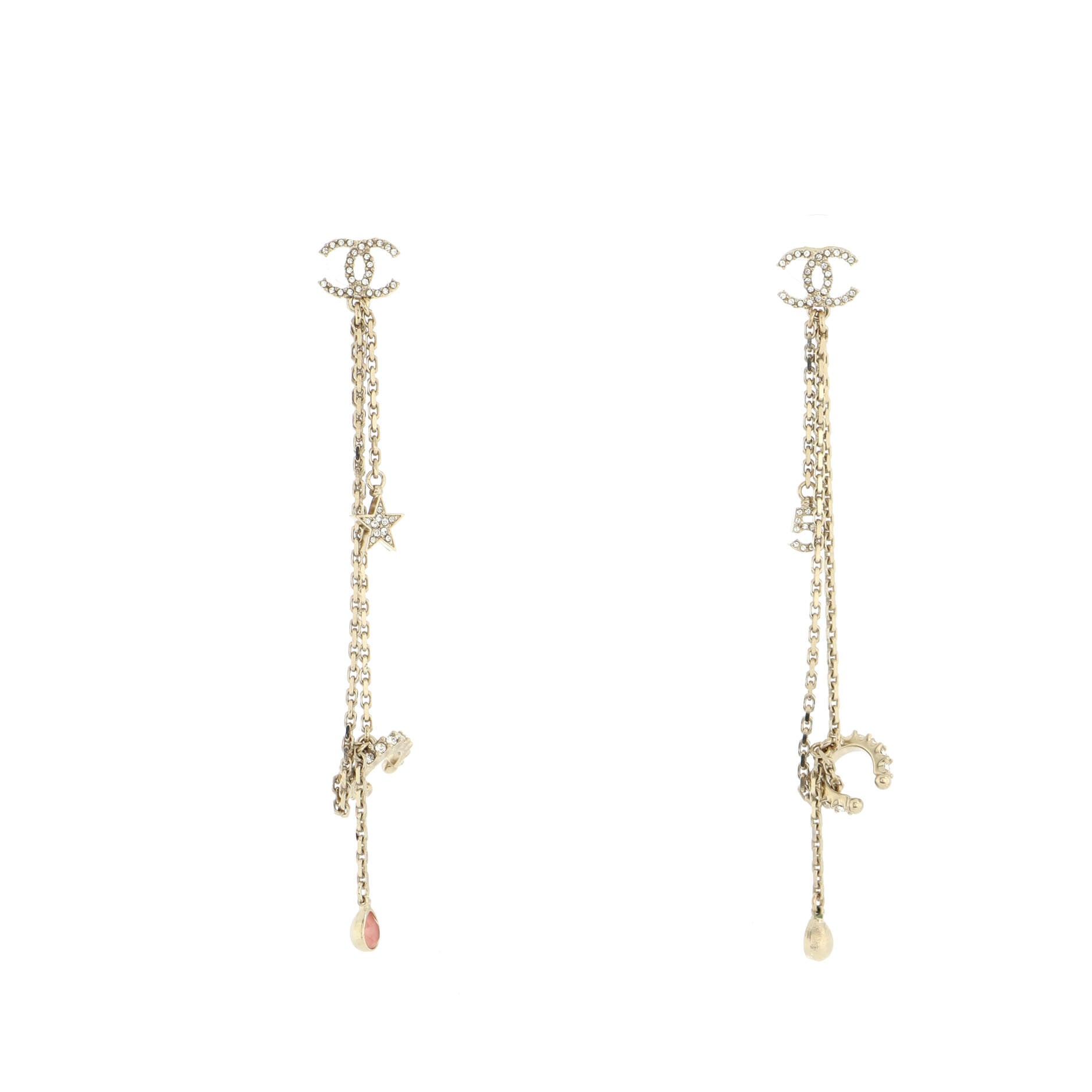 Chanel 22S Gold Star Crystal Chain Bar CC Stud Dangle Drop Statement  Earrings