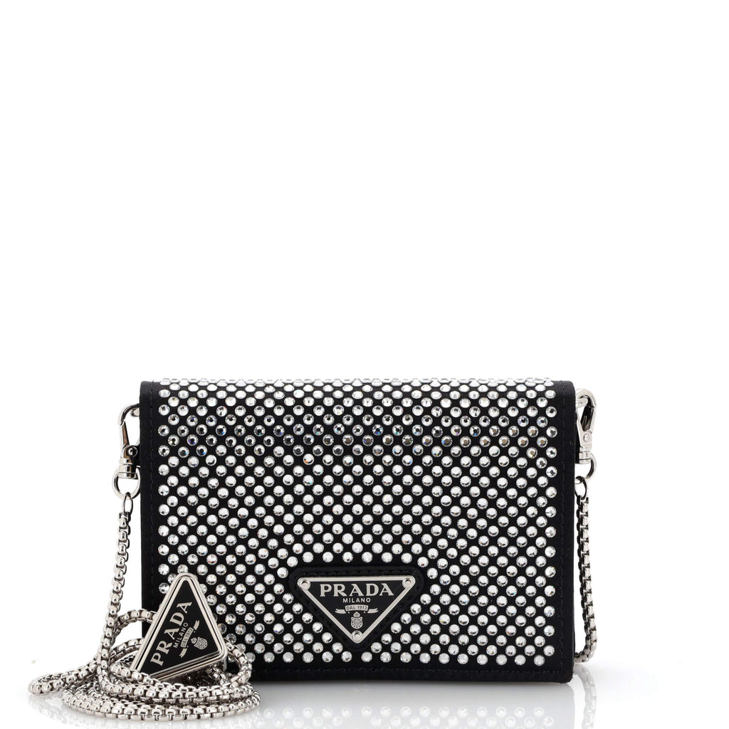 Prada Flap Card Holder with Chain Satin with Crystals Black 20197982