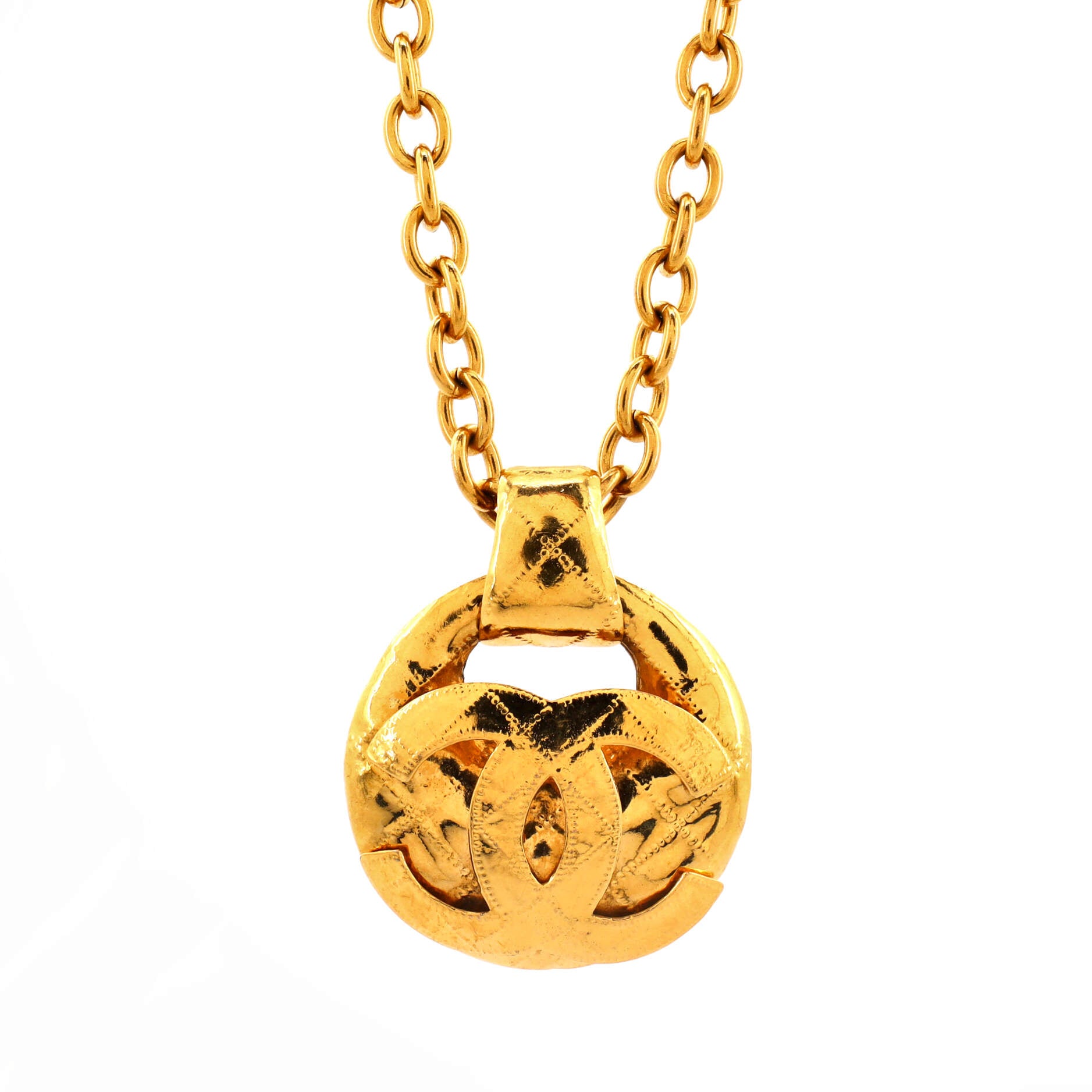 Chanel Vintage Chunky Gold Toned Textured CC Logo Pendant Necklace
