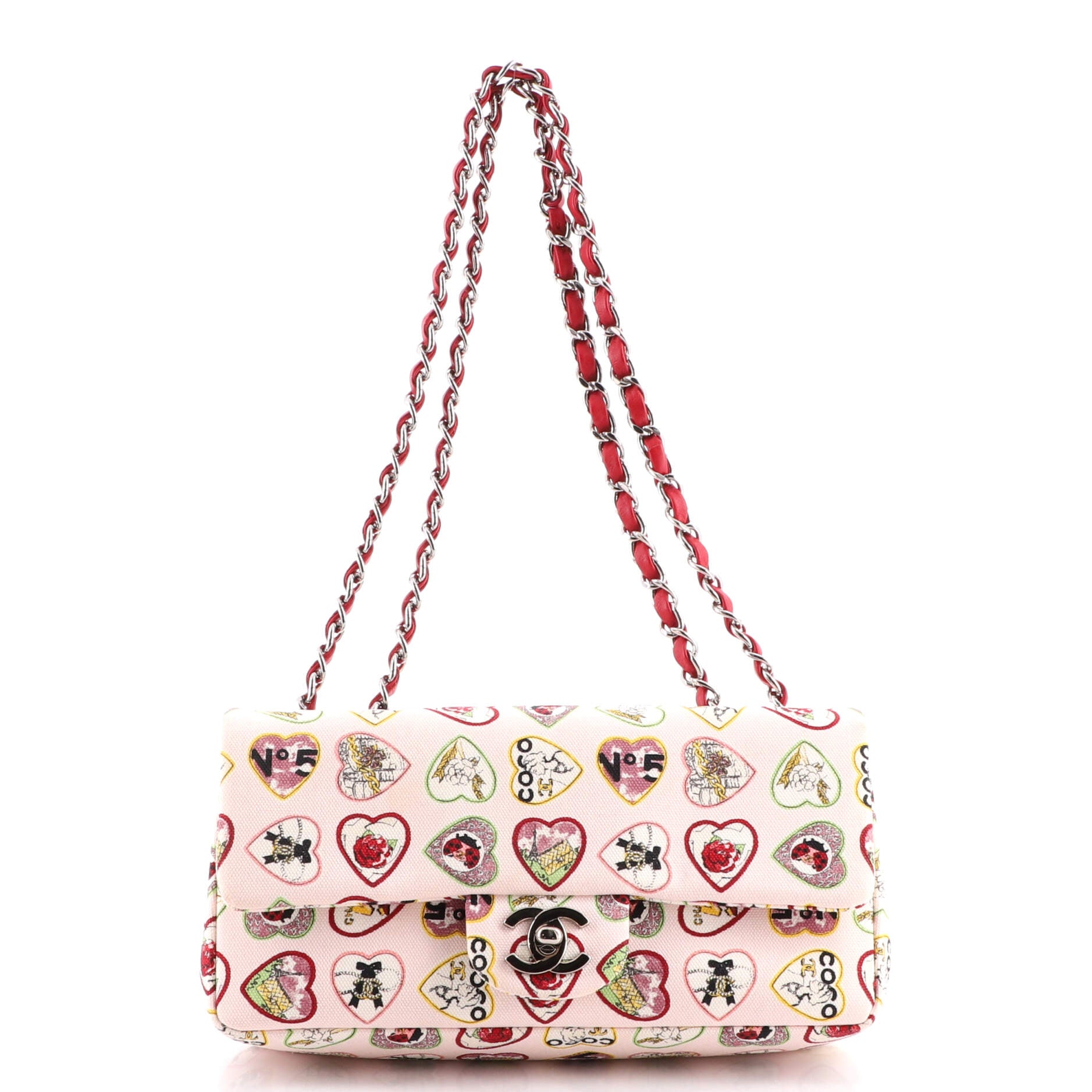 CHANEL Vintage Valentine Hearts Flap Bag Printed Canvas Small