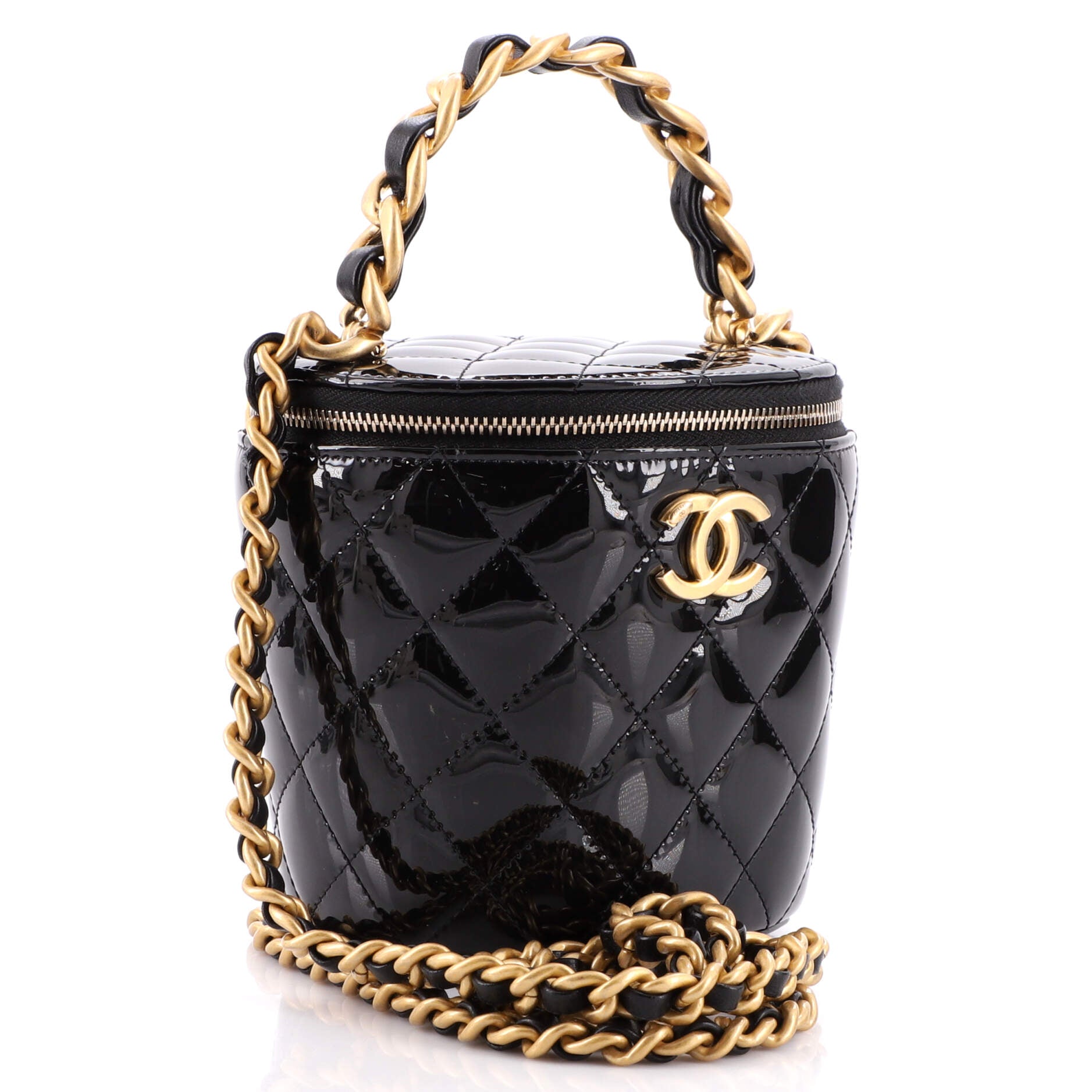 CHANEL Woven Chain Top Handle Vanity Bucket Bag Quilted Patent