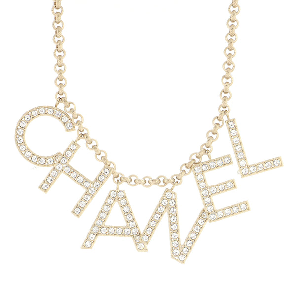 Chanel CHA-NEL Logo Necklace Metal with Crystals Gold 2039141