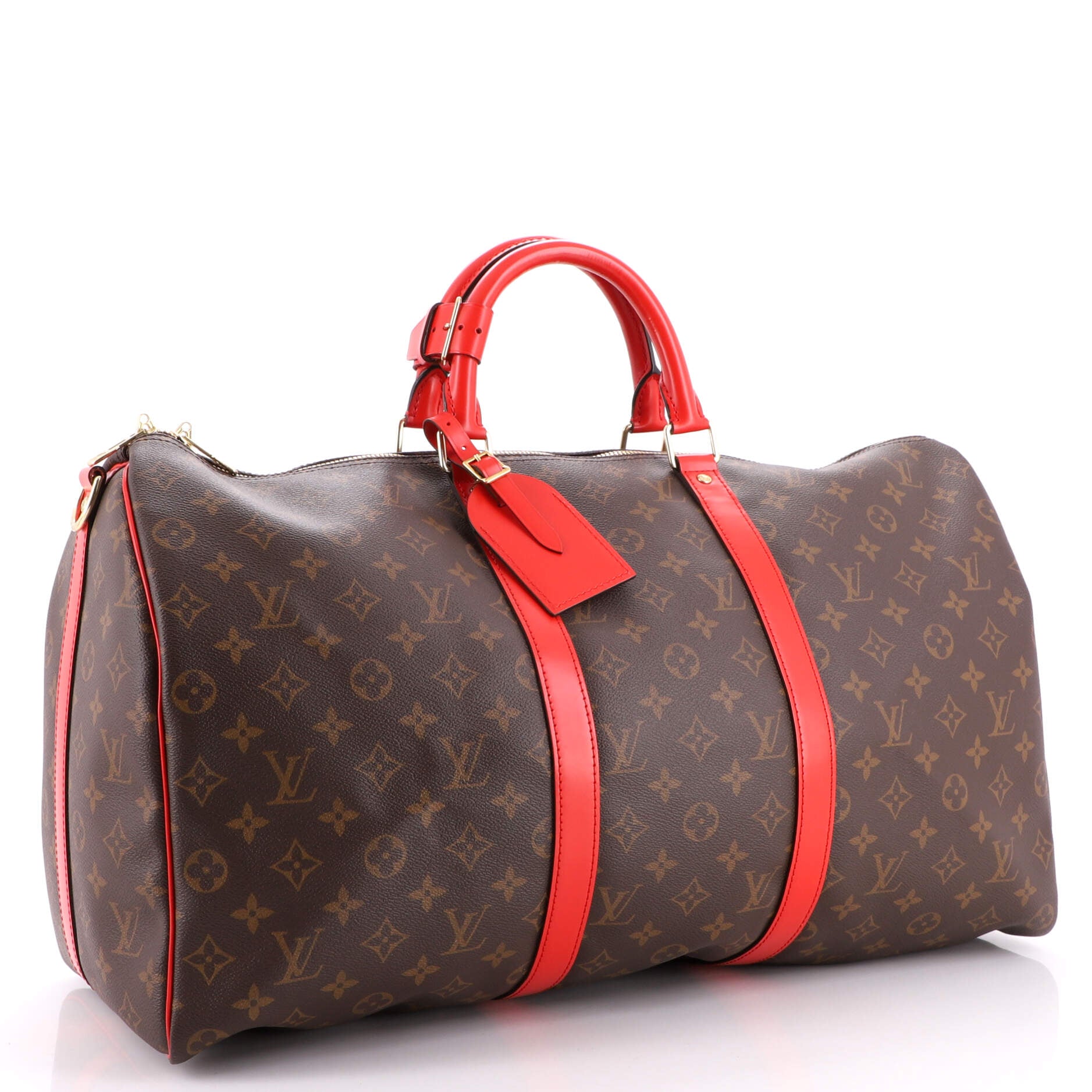 Louis Vuitton Keepall Bandouliere Bag Monogram Canvas with Coquelicot Leather Trim 50 Brown