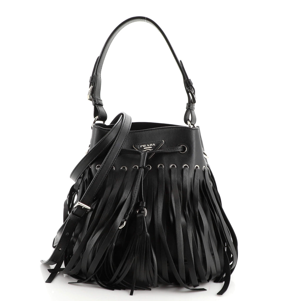 Prada Fringe Bucket Bag Soft Calf Large Black 204415157