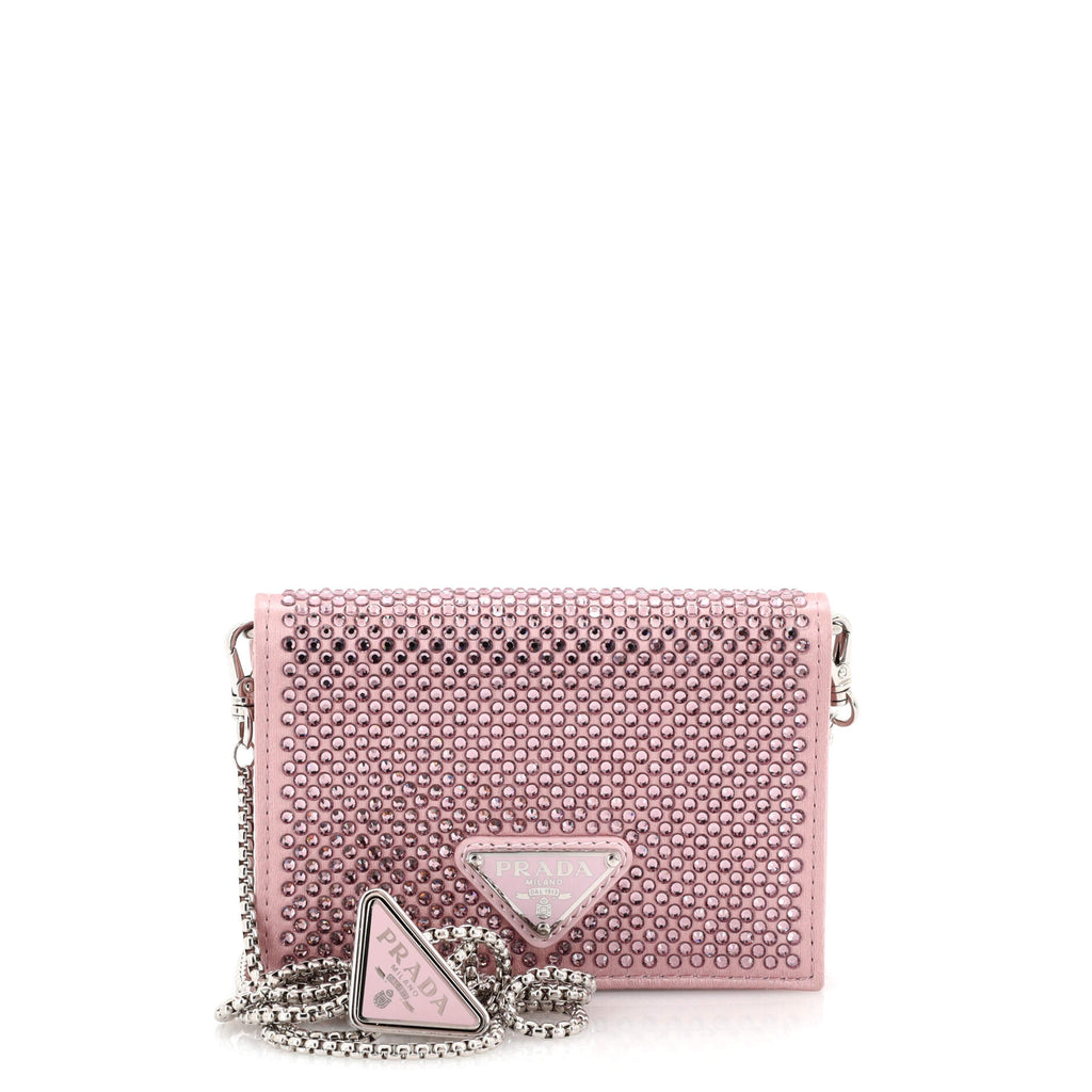 PRADA Satin Crystal Cardholder With Chain Black 1042445