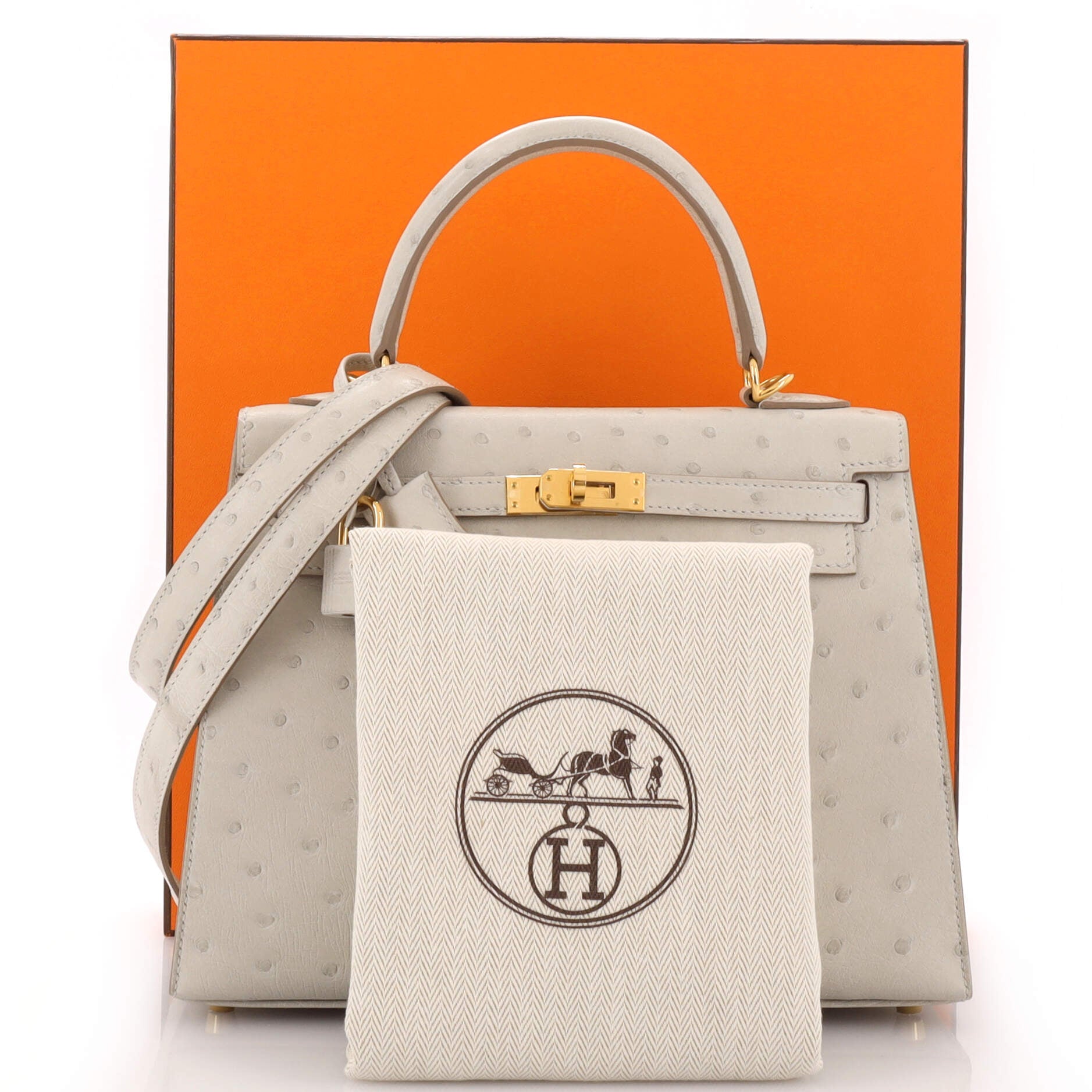 Hermes Kelly Handbag Bicolor Ostrich with Permabrass Hardware 28 Gray