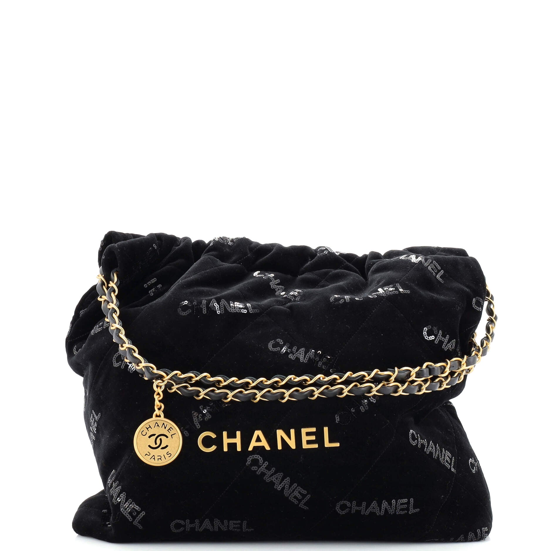 CHANEL Jersey Fabric Quilted Foldable Tote With Chain Black