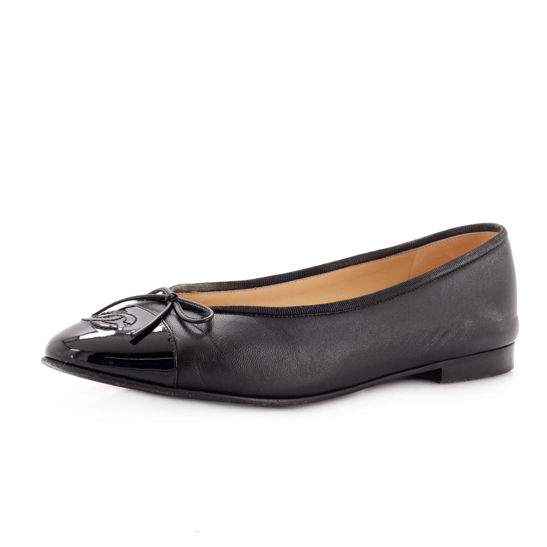 CHANEL Women's CC Cap Toe Bow Ballerina Flats Leather and Patent