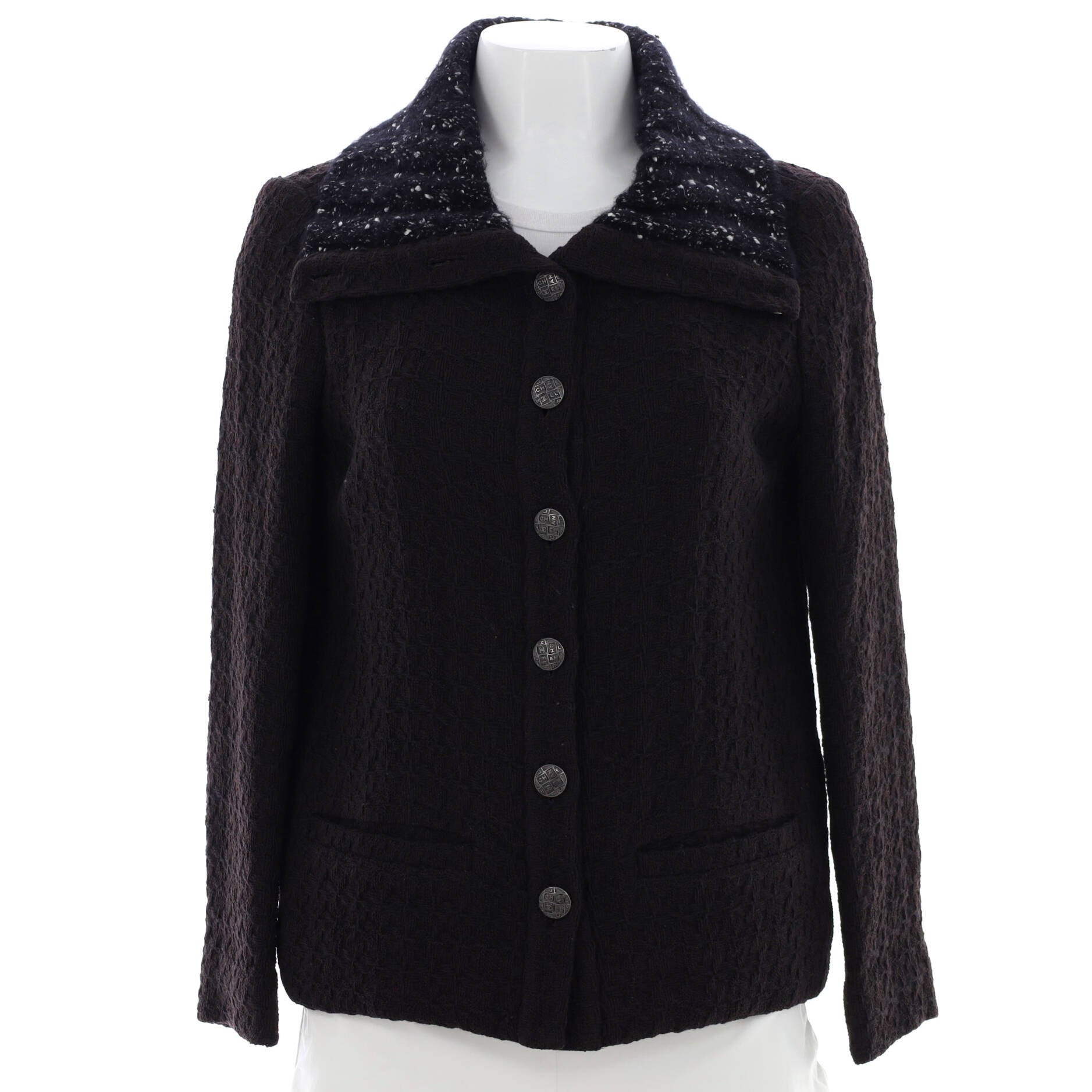 Chanel Black Cotton & Lace Button Front Collarless Jacket S Chanel | The  Luxury Closet
