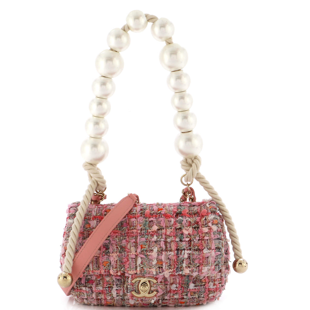 Chanel Small Pink Tweed Flap Bag With Large Pearl Handle Gold Hardware   Coco Approved Studio